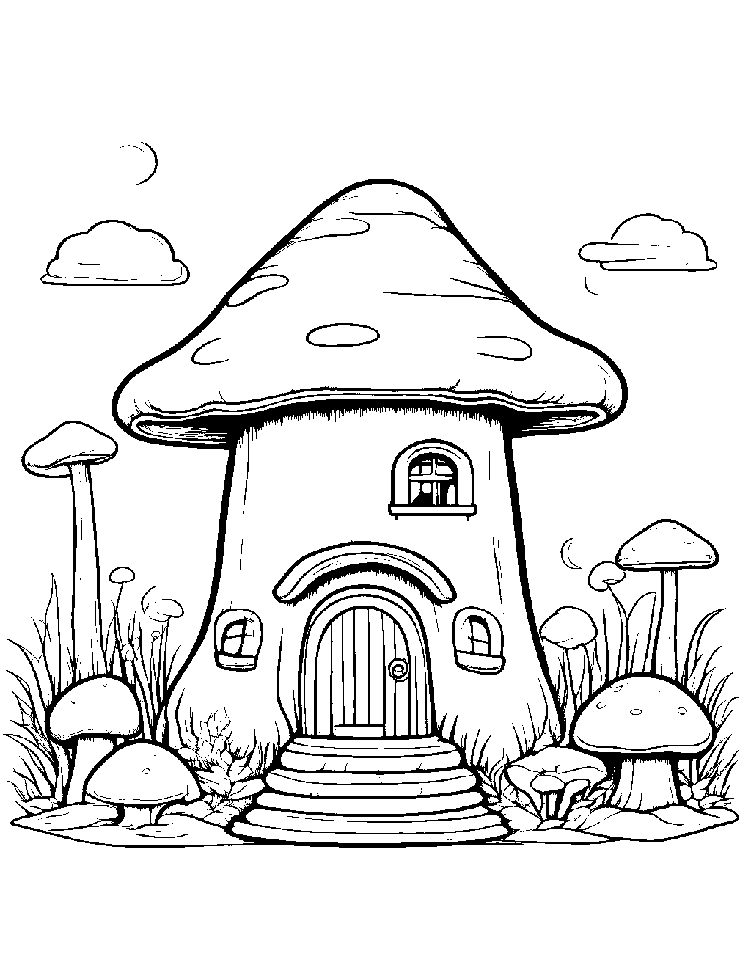 Sleepy Mushroom House With Scarf #2 Coloring Page (Free Printable PDF)