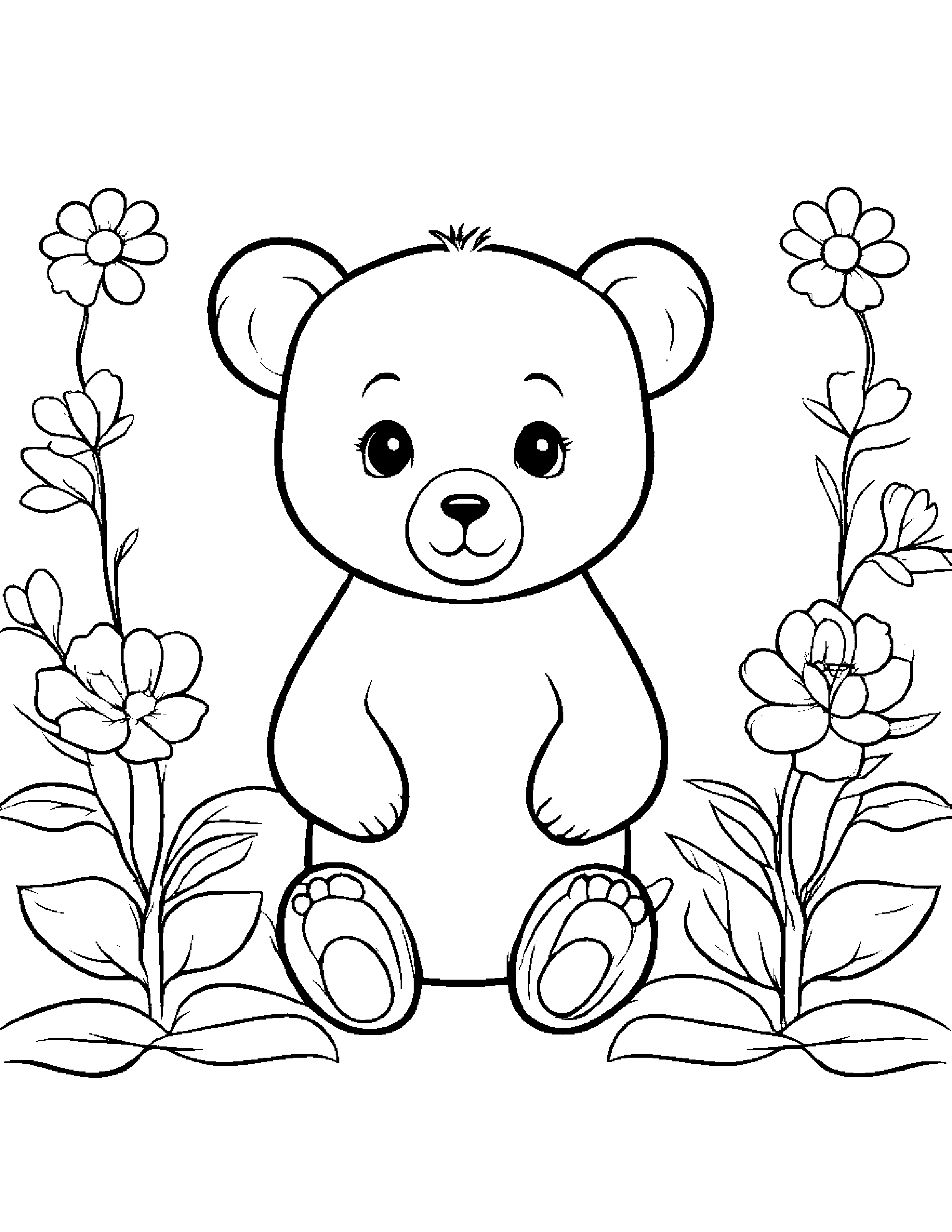 Little Bear Cub With A Flower Coloring Page (Free Printable PDF)
