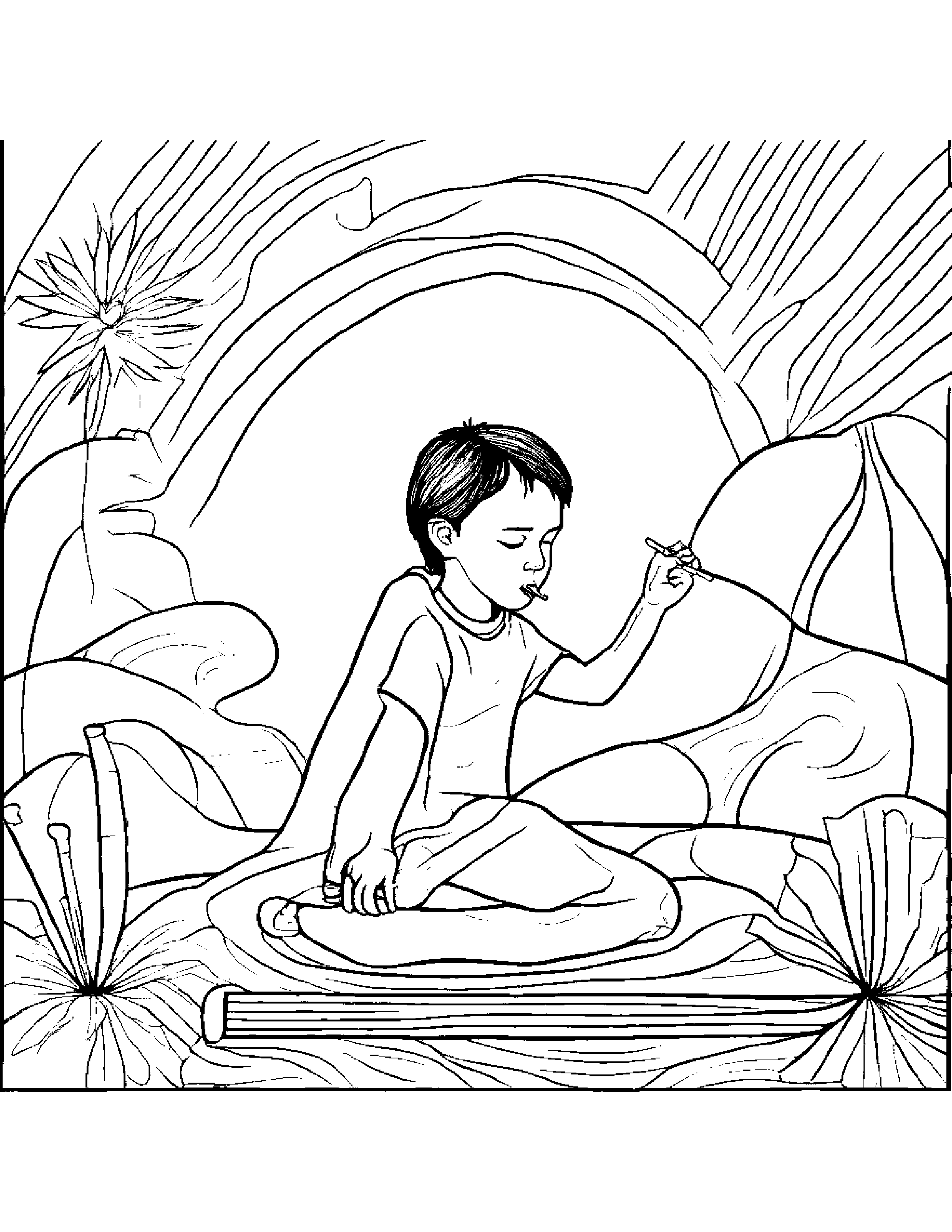 A Boy Playing A Didgeridoo While Painting Abstract Shapes On A Large Canvas Coloring Page (Free Printable PDF)