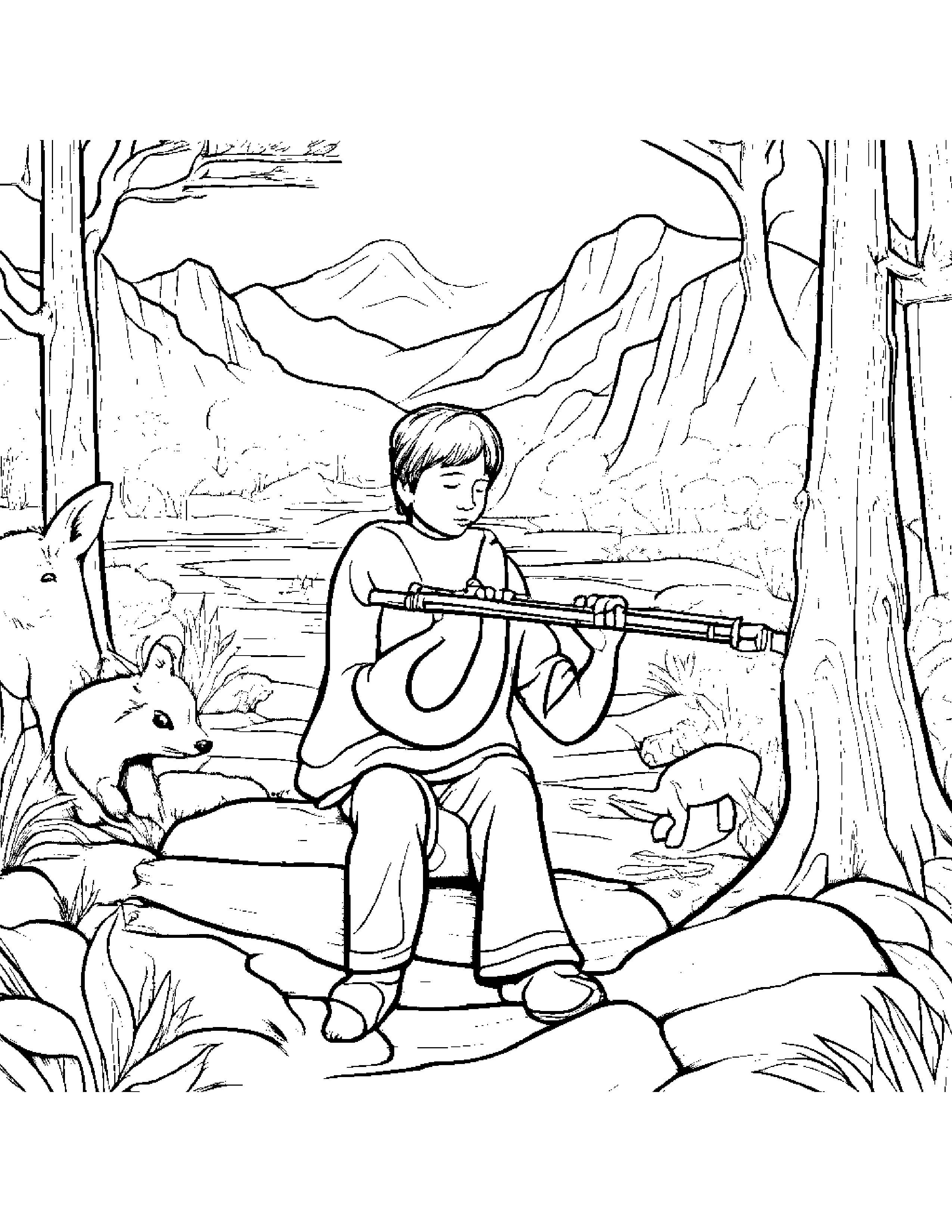 A Young Boy Playing A Wooden Flute While Surrounded By Paintings Of Animals He Saw During A Nature Hike Coloring Page (Free Printable PDF)