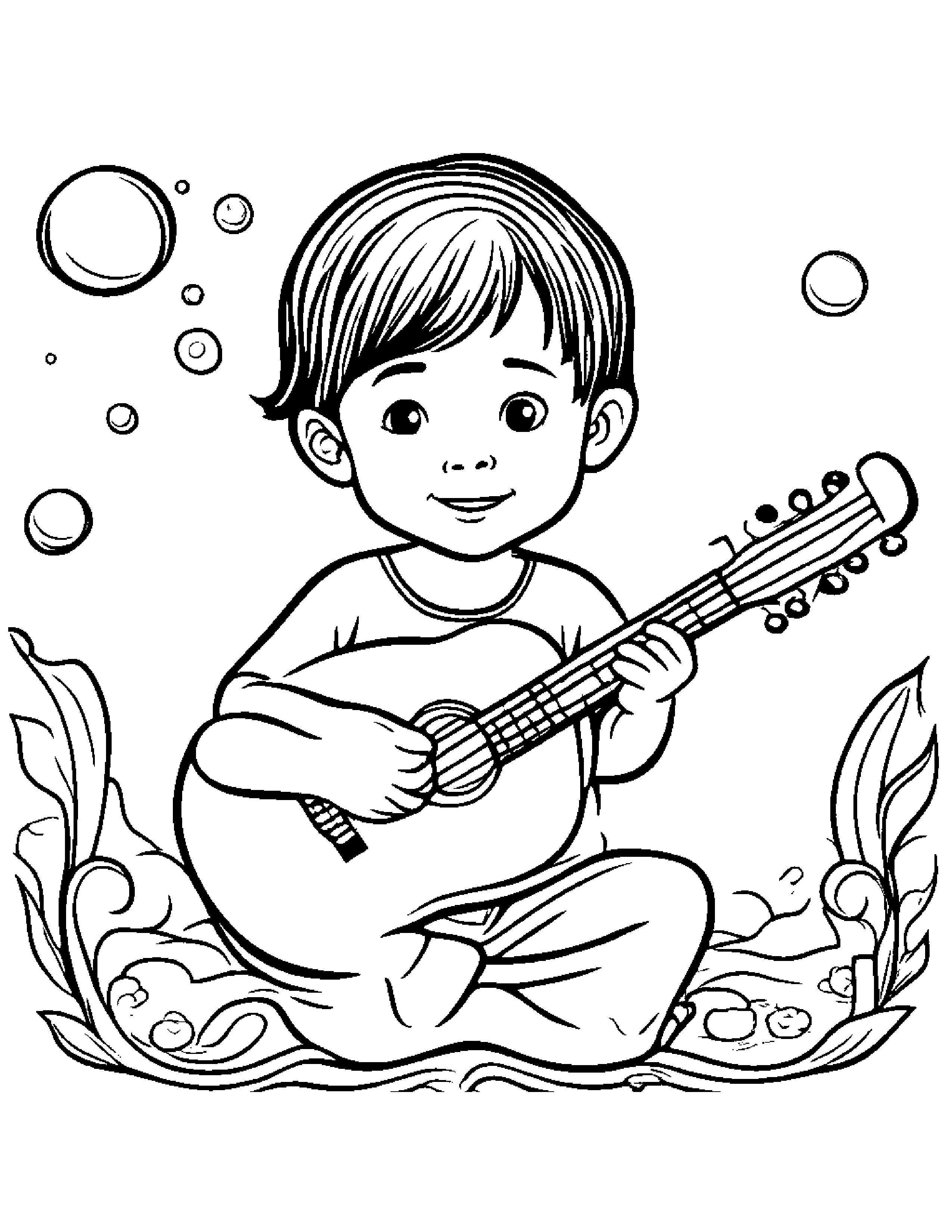 Ukulele Blowing Bubbles #2 Coloring Page (Free Printable PDF)