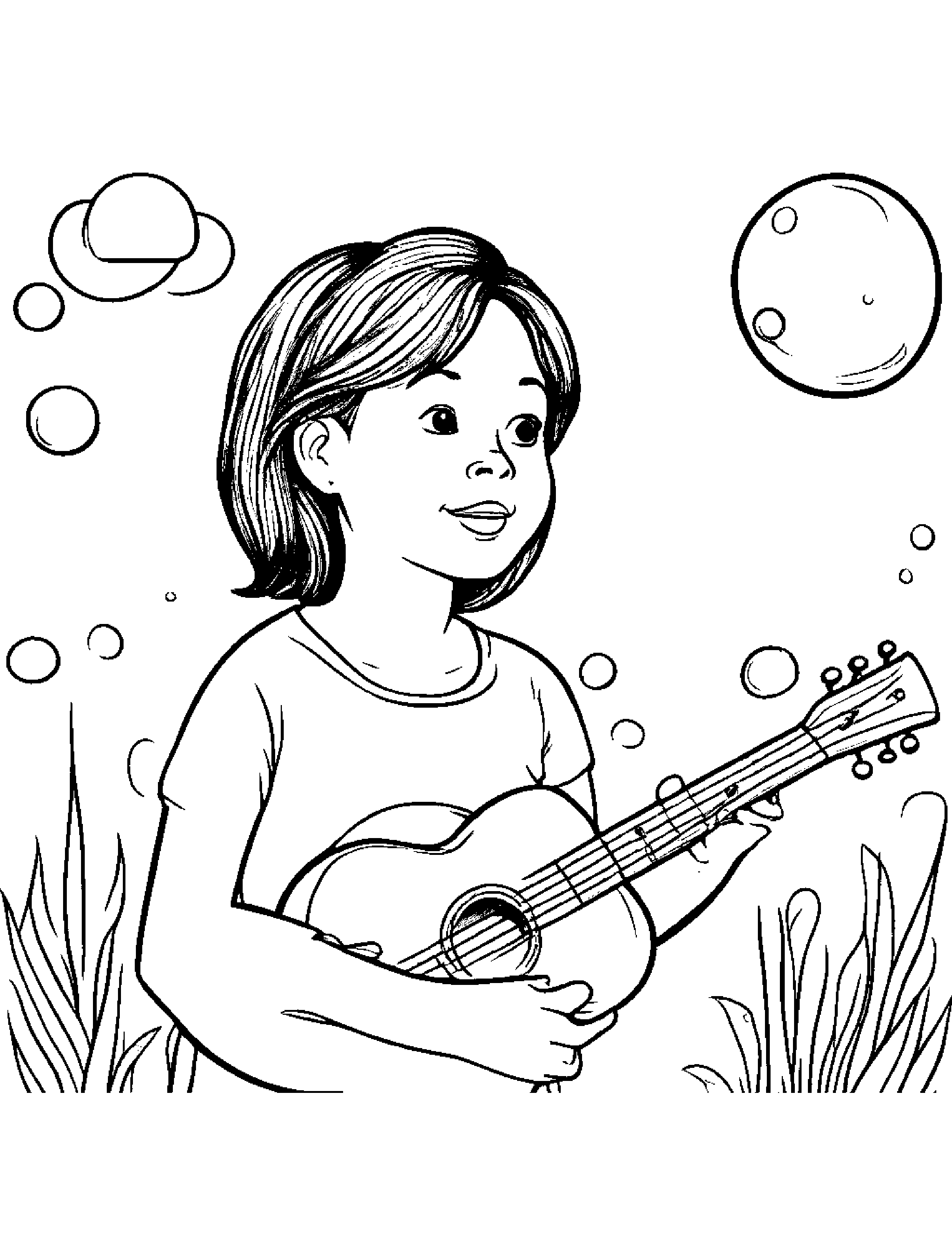 Ukulele Blowing Bubbles Coloring Page (Free Printable PDF)