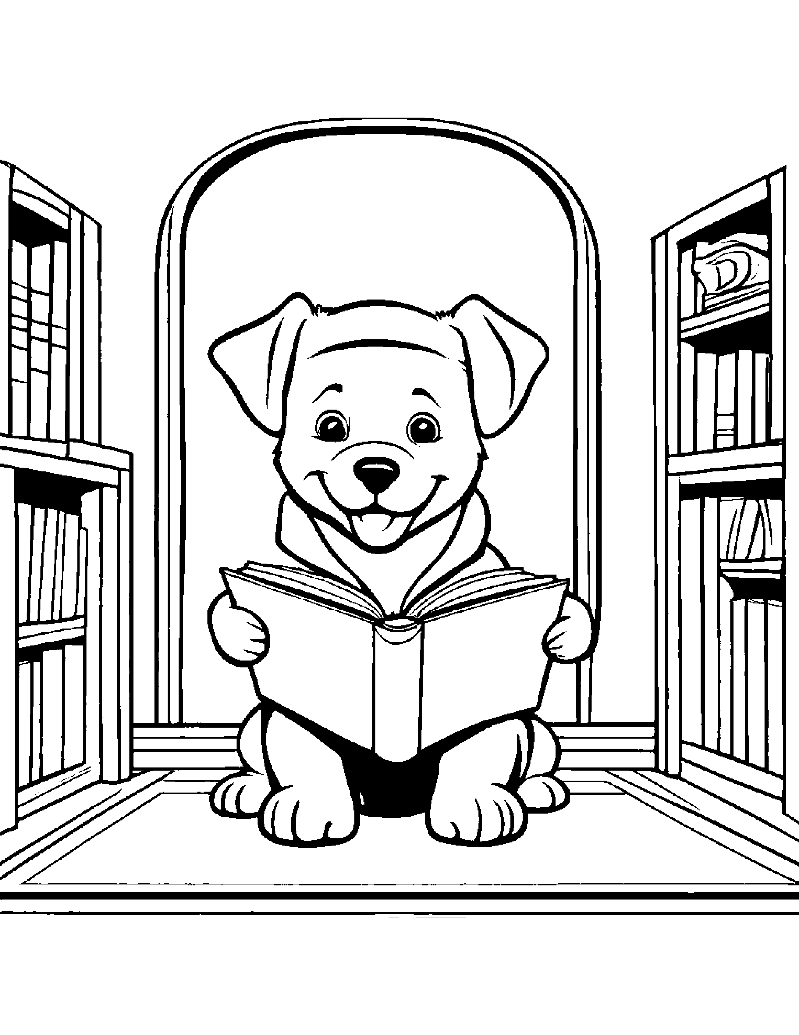 Brave Puppy Singing By A Reading Nook #2 Coloring Page (Free Printable PDF)