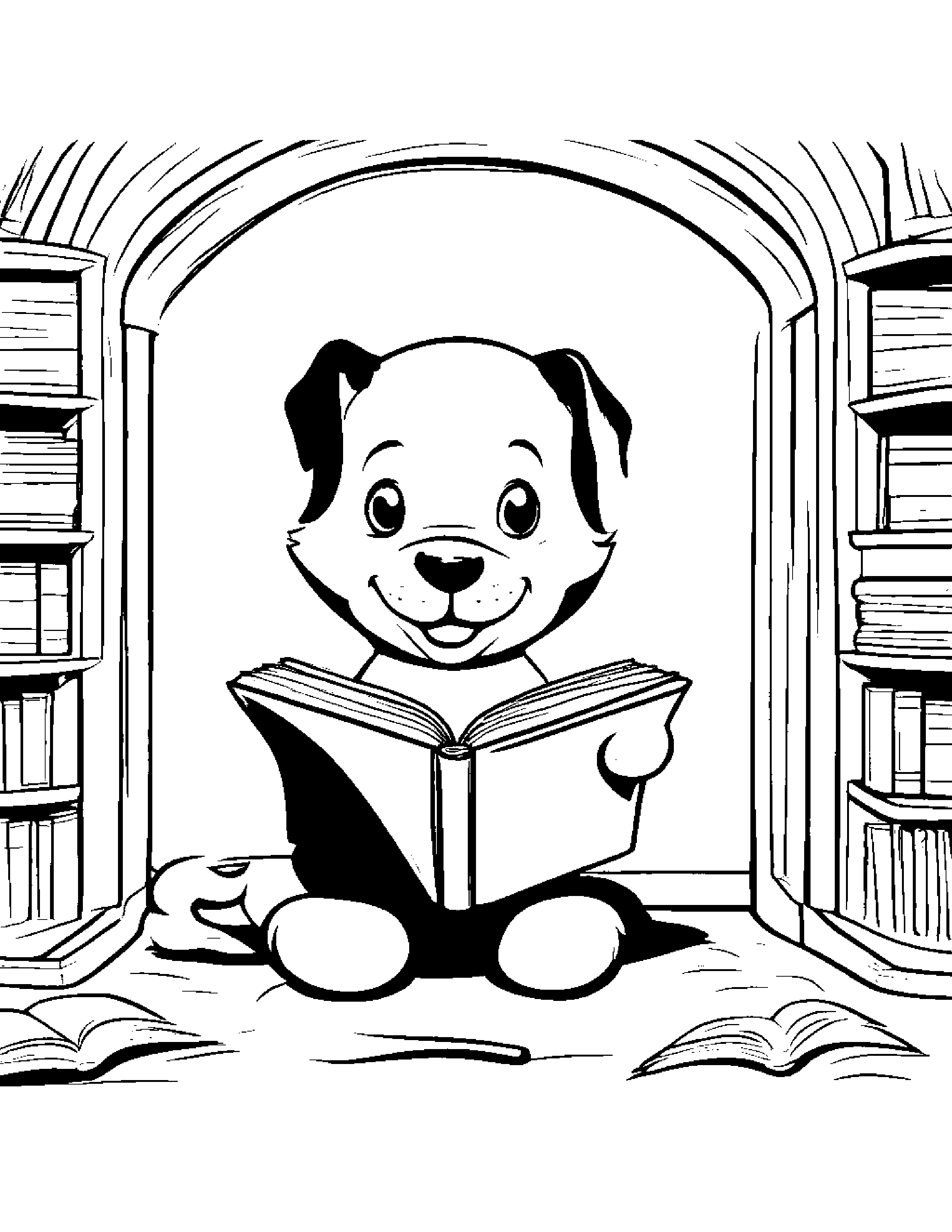 Brave Puppy Singing By A Reading Nook #3 Coloring Page (Free Printable PDF)