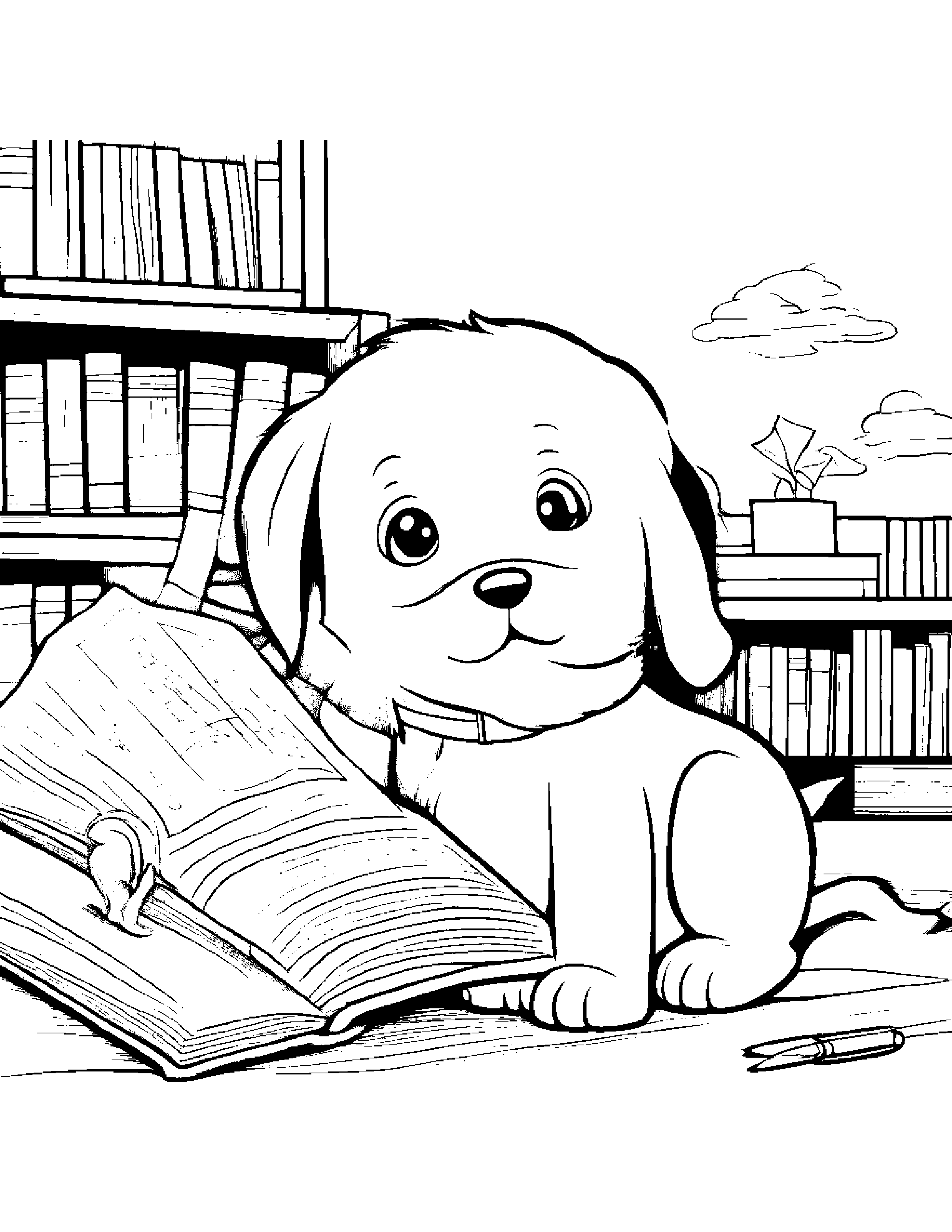 Brave Puppy Singing By A Reading Nook #5 Coloring Page (Free Printable PDF)