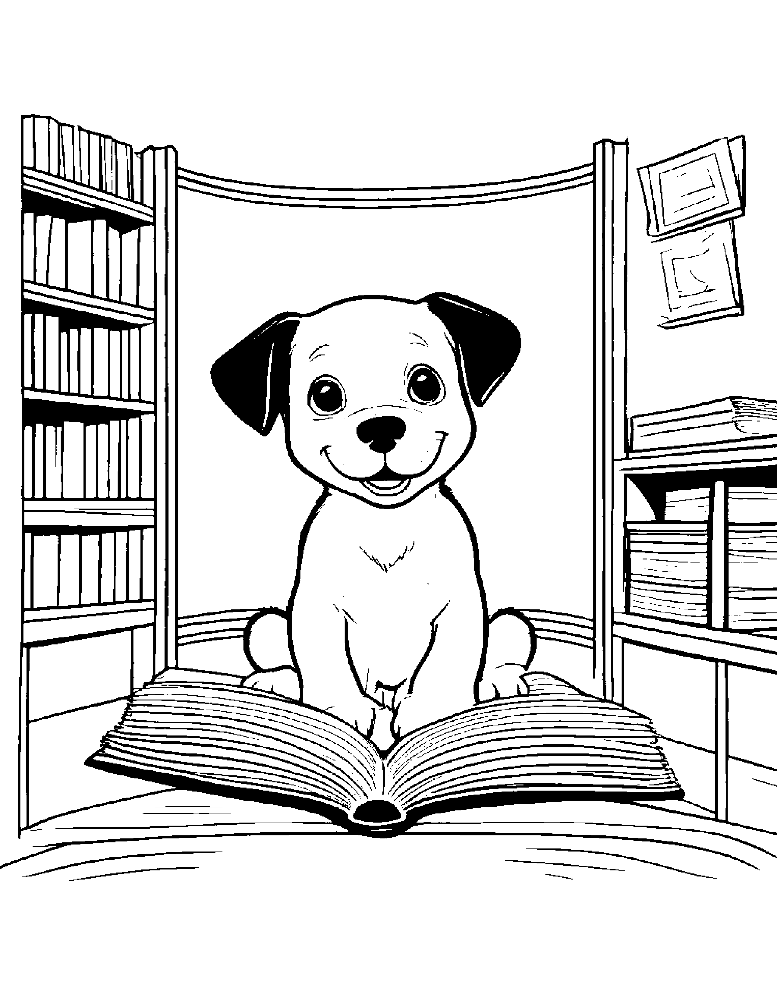 Brave Puppy Singing By A Reading Nook Coloring Page (Free Printable PDF)
