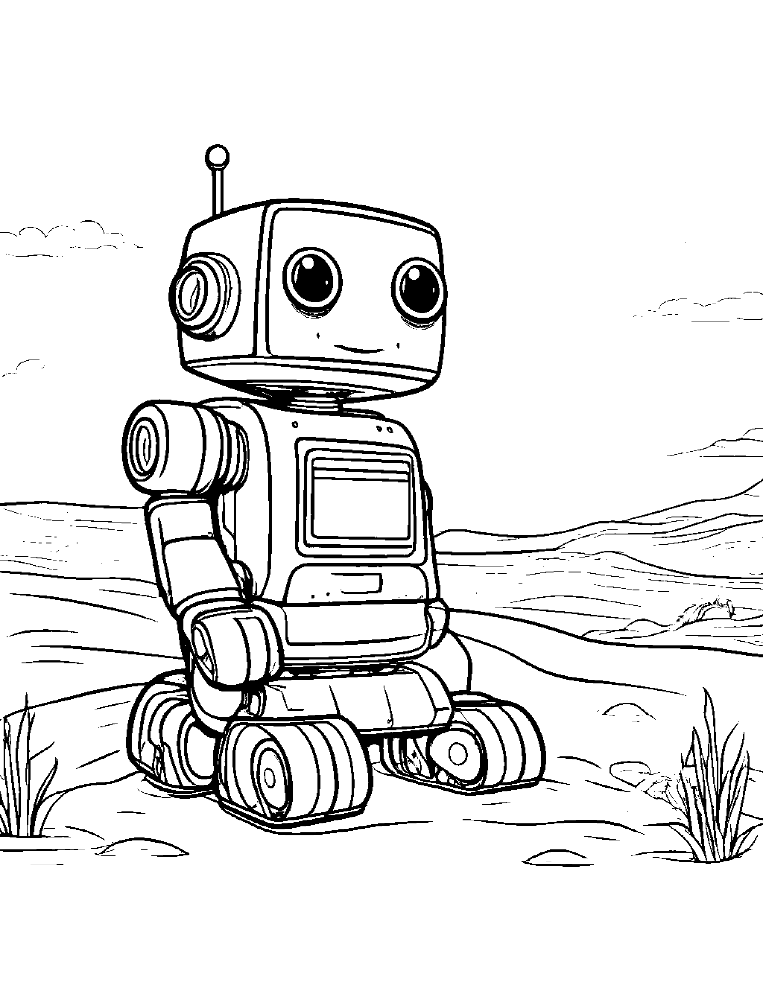 Curious Robot Buddy Beside A Sandbox #2 Coloring Page (Free Printable PDF)