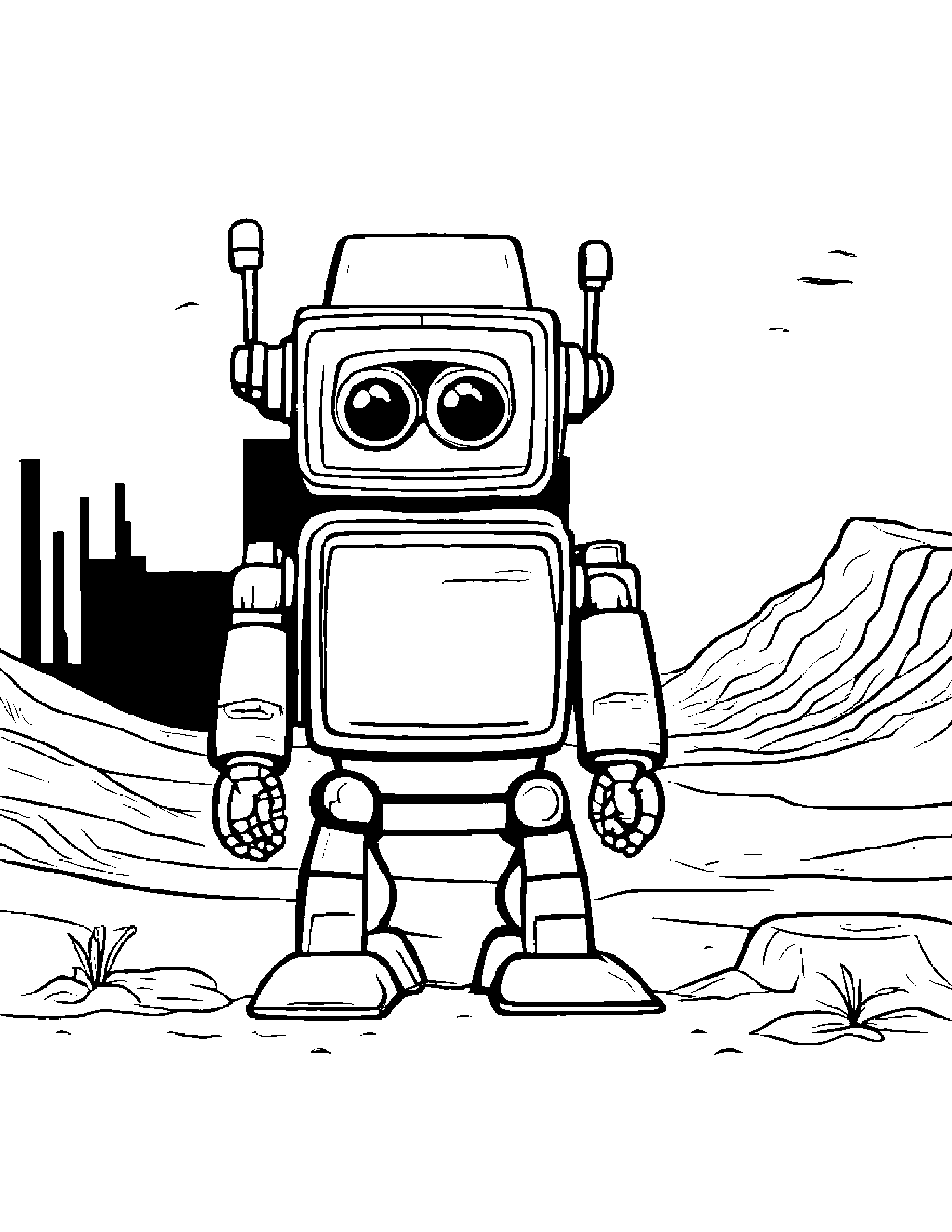 Curious Robot Buddy Beside A Sandbox #3 Coloring Page (Free Printable PDF)