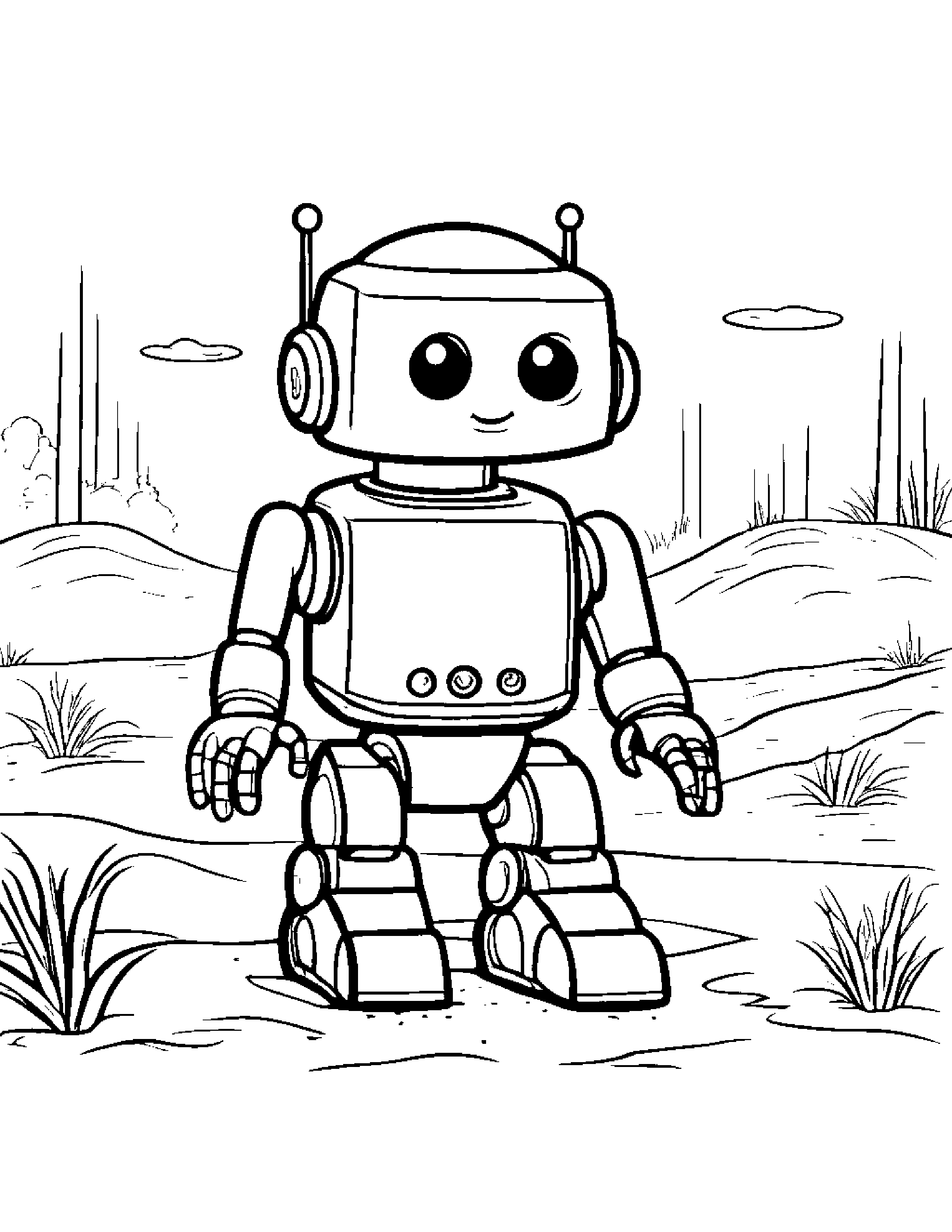 Curious Robot Buddy Beside A Sandbox Coloring Page (Free Printable PDF)