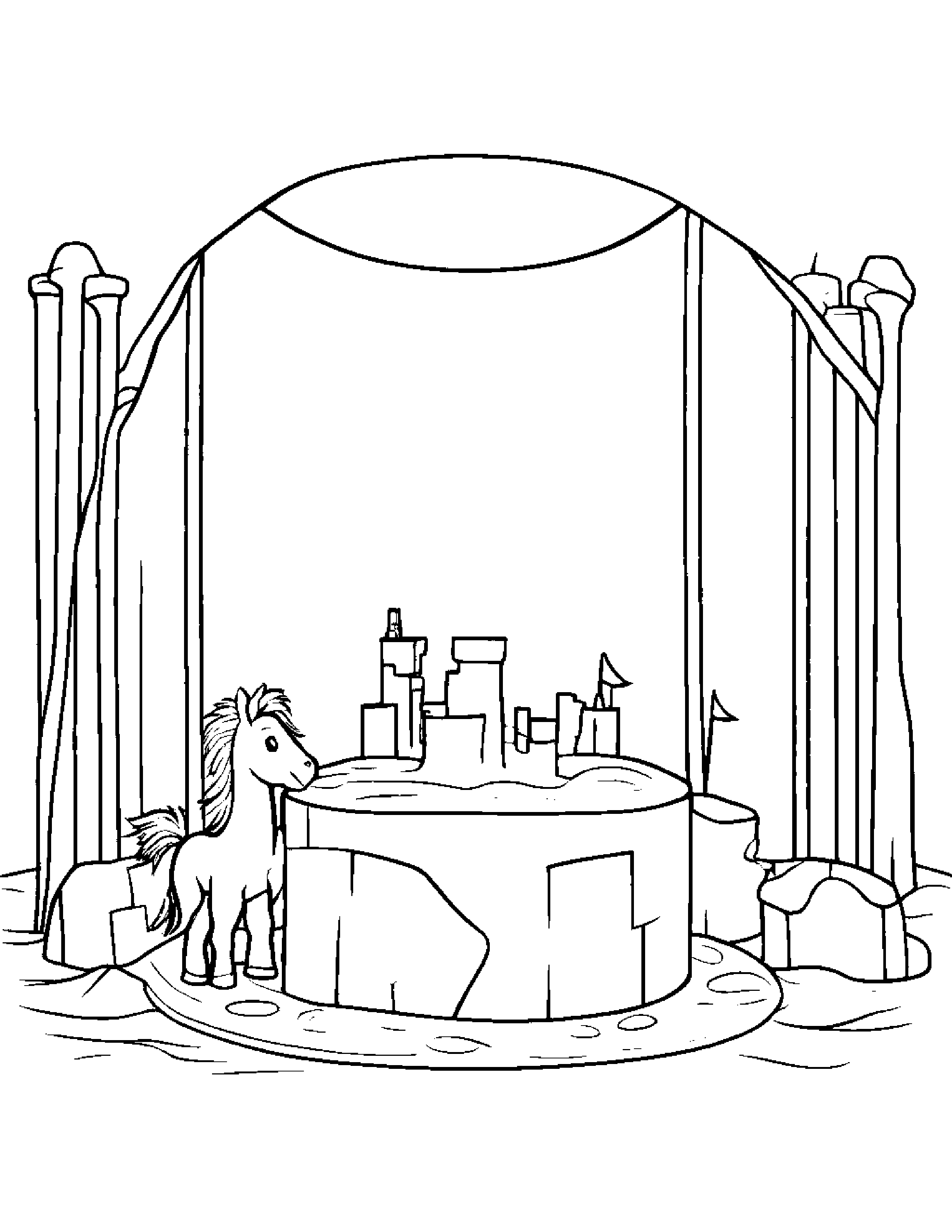 Foal Building A Sandcastle On A Music Stage Coloring Page (Free Printable PDF)