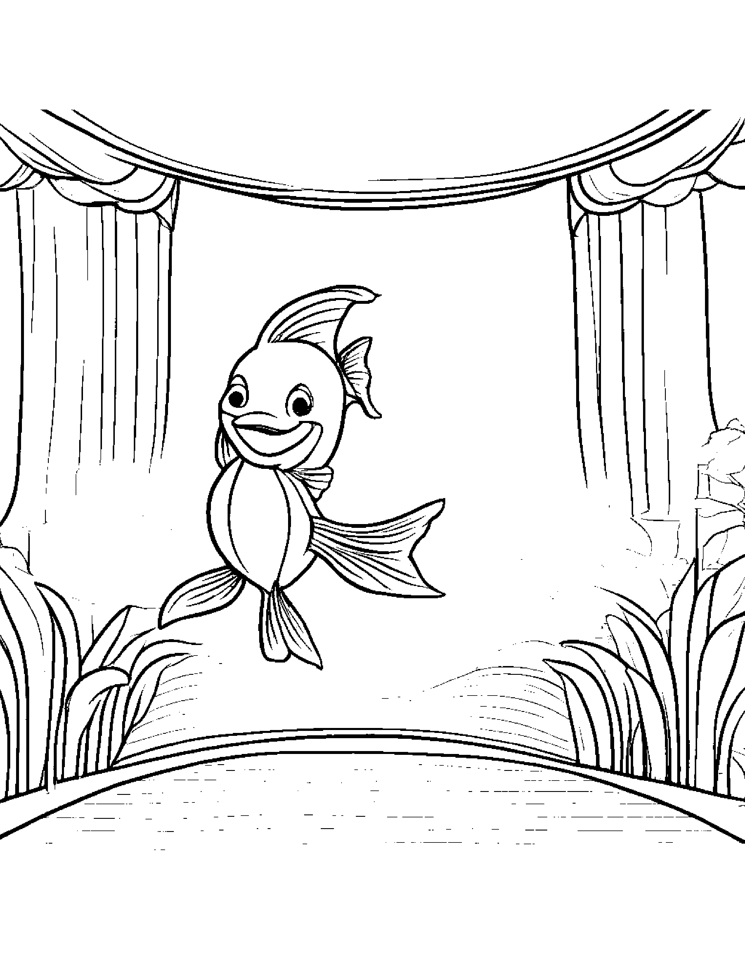 Goldfish With A Soft Scarf On A Music Stage Coloring Page (Free Printable PDF)