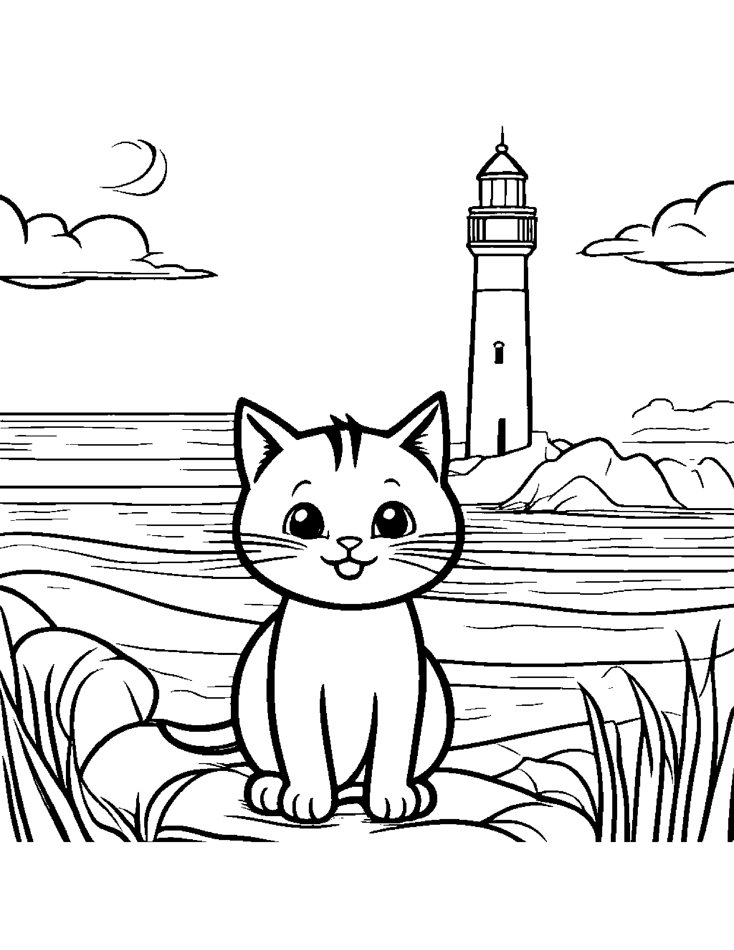 Happy Kitty Singing Near A Lighthouse #2 Coloring Page (Free Printable PDF)