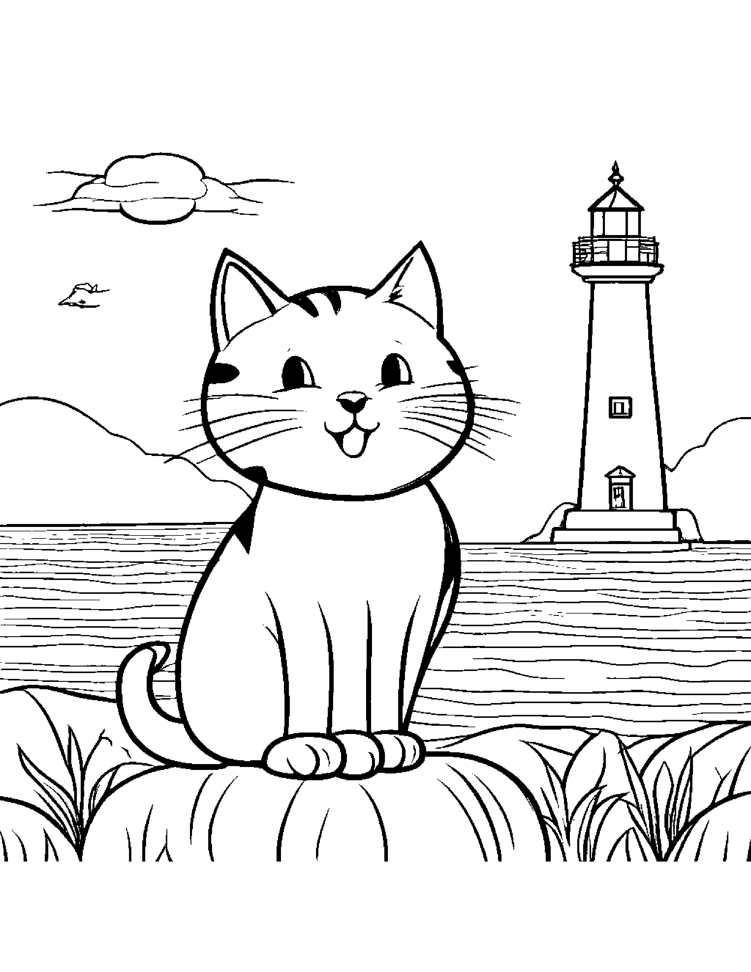 Happy Kitty Singing Near A Lighthouse #3 Coloring Page (Free Printable PDF)