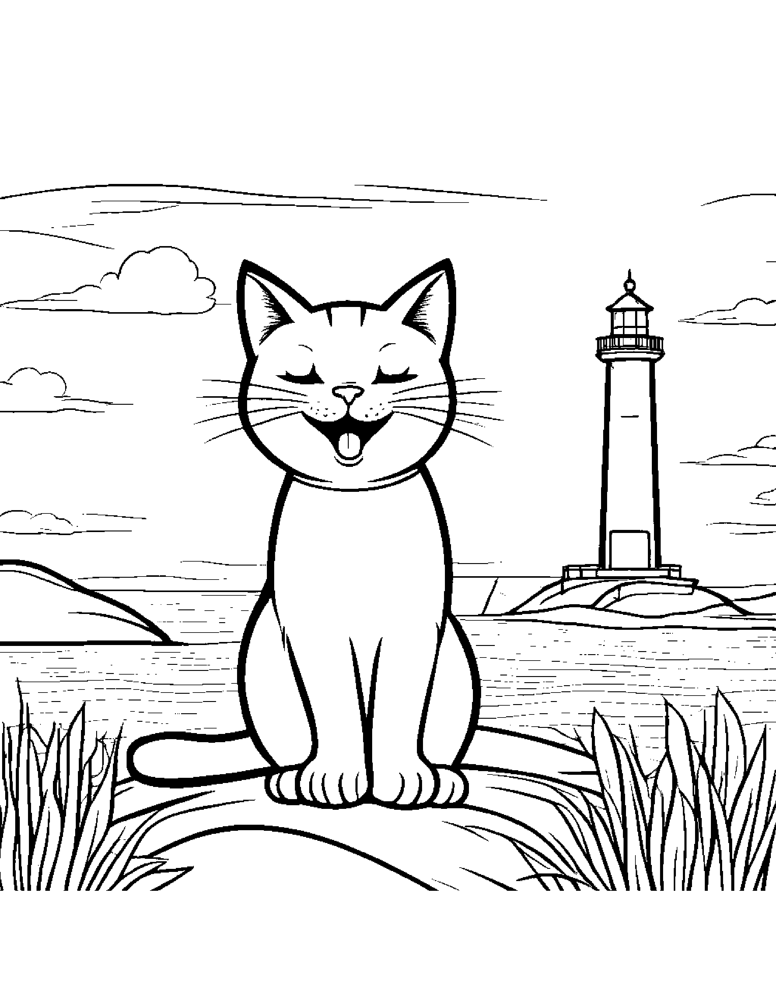 Happy Kitty Singing Near A Lighthouse Coloring Page (Free Printable PDF)