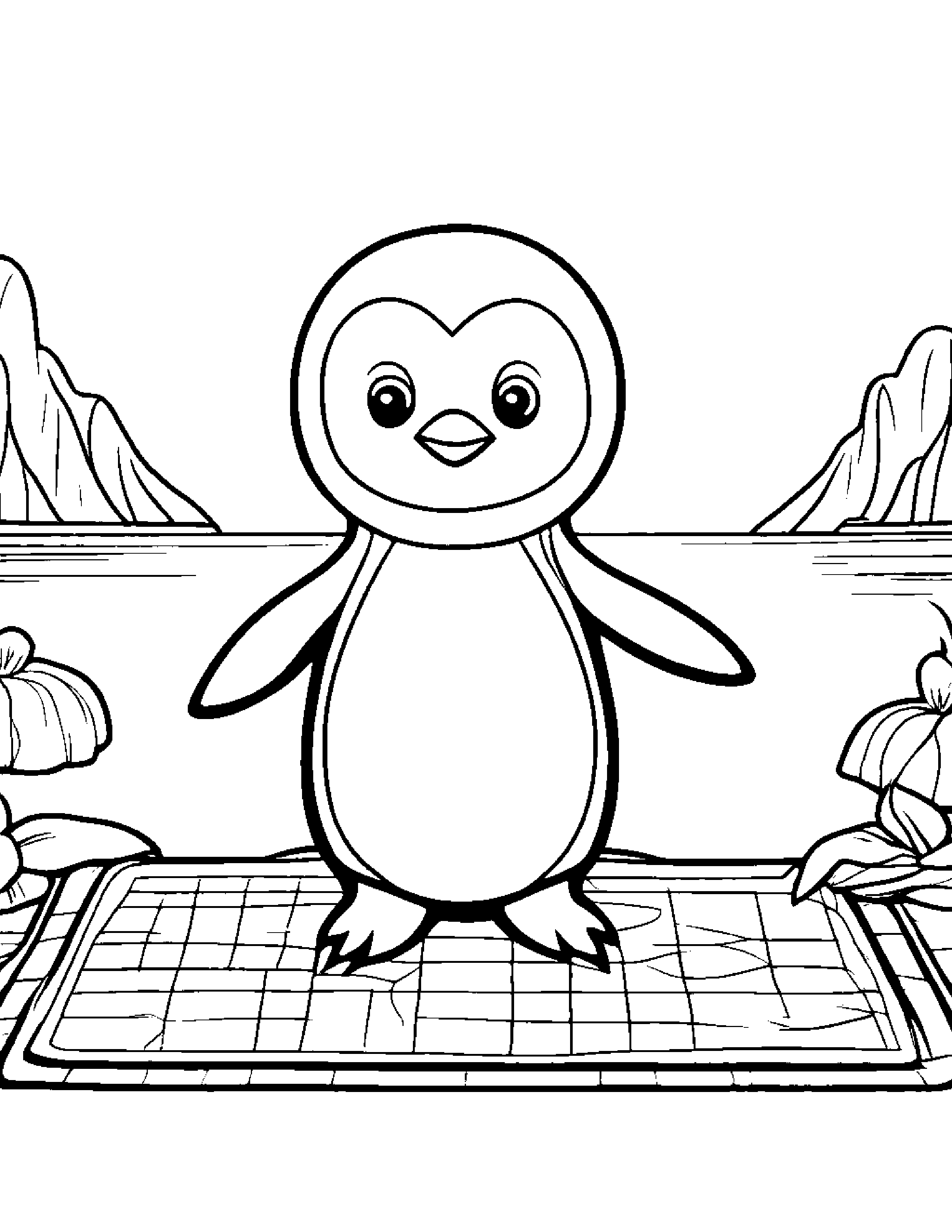 Helpful Penguin Chick Dancing On A Picnic Blanket #2 Coloring Page (Free Printable PDF)