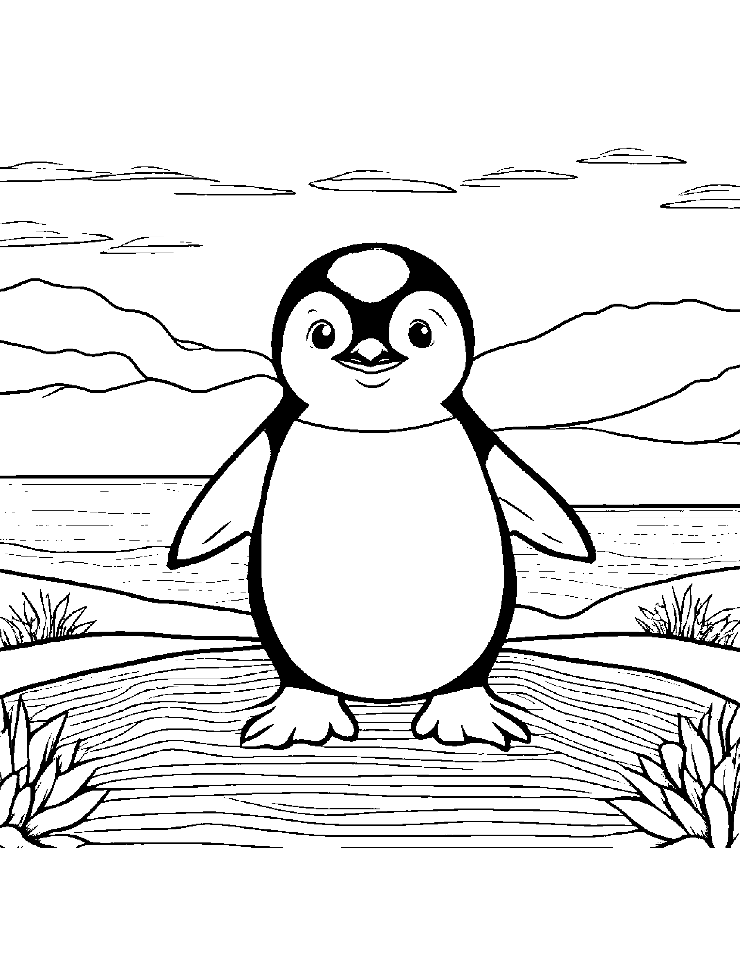 Helpful Penguin Chick Dancing On A Picnic Blanket Coloring Page (Free Printable PDF)