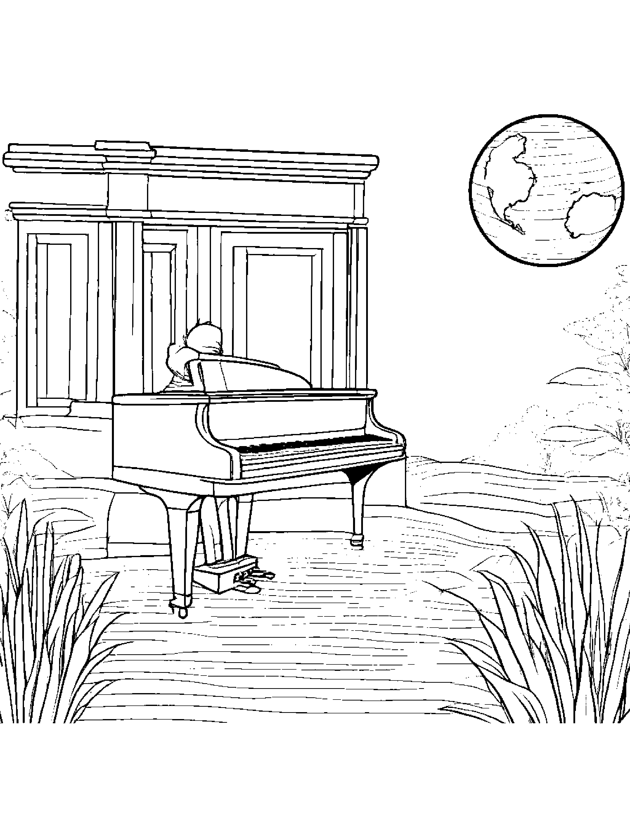 Piano Playing Peekaboo On A Friendly Planet Coloring Page (Free Printable PDF)