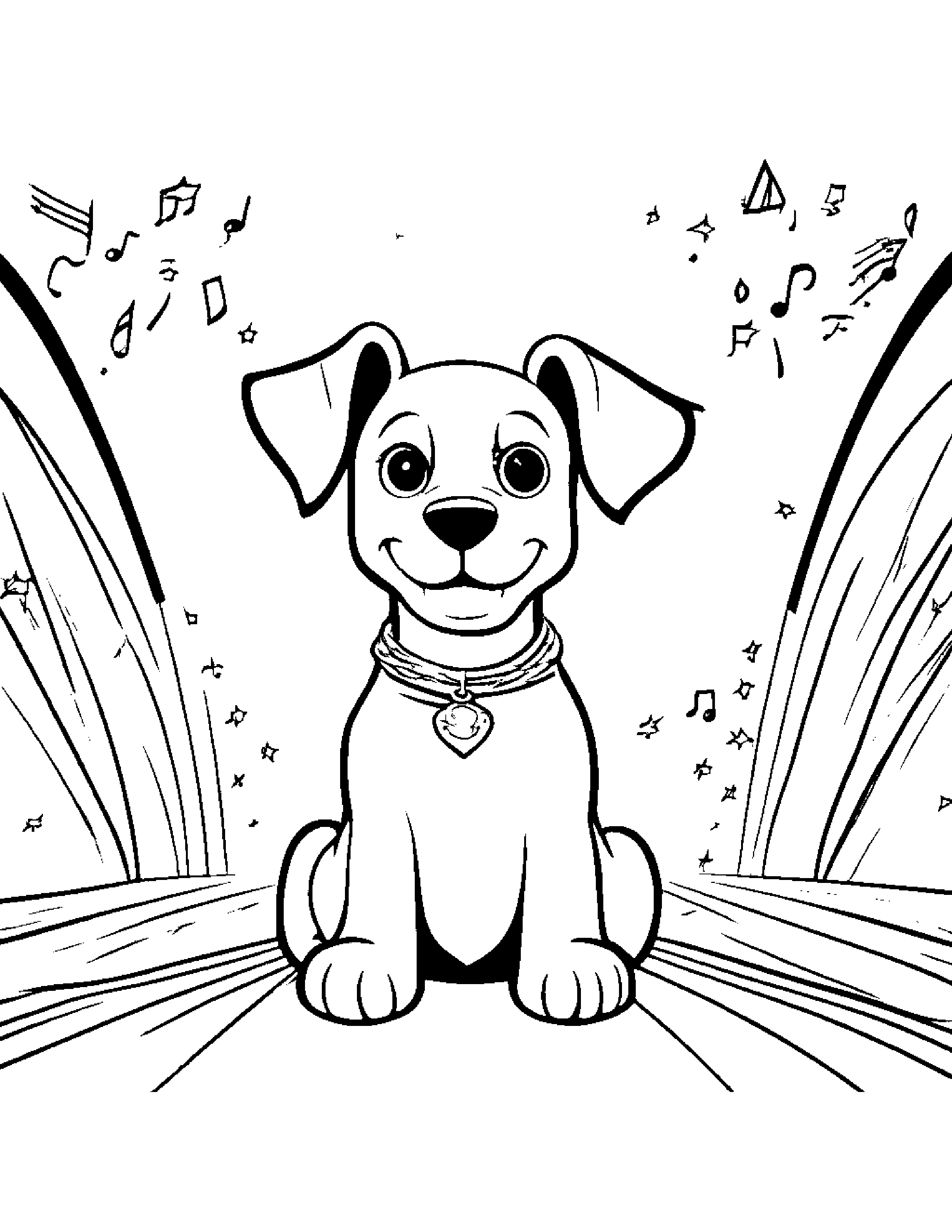 Puppy Dog With Sparkles On A Music Stage #2 Coloring Page (Free Printable PDF)