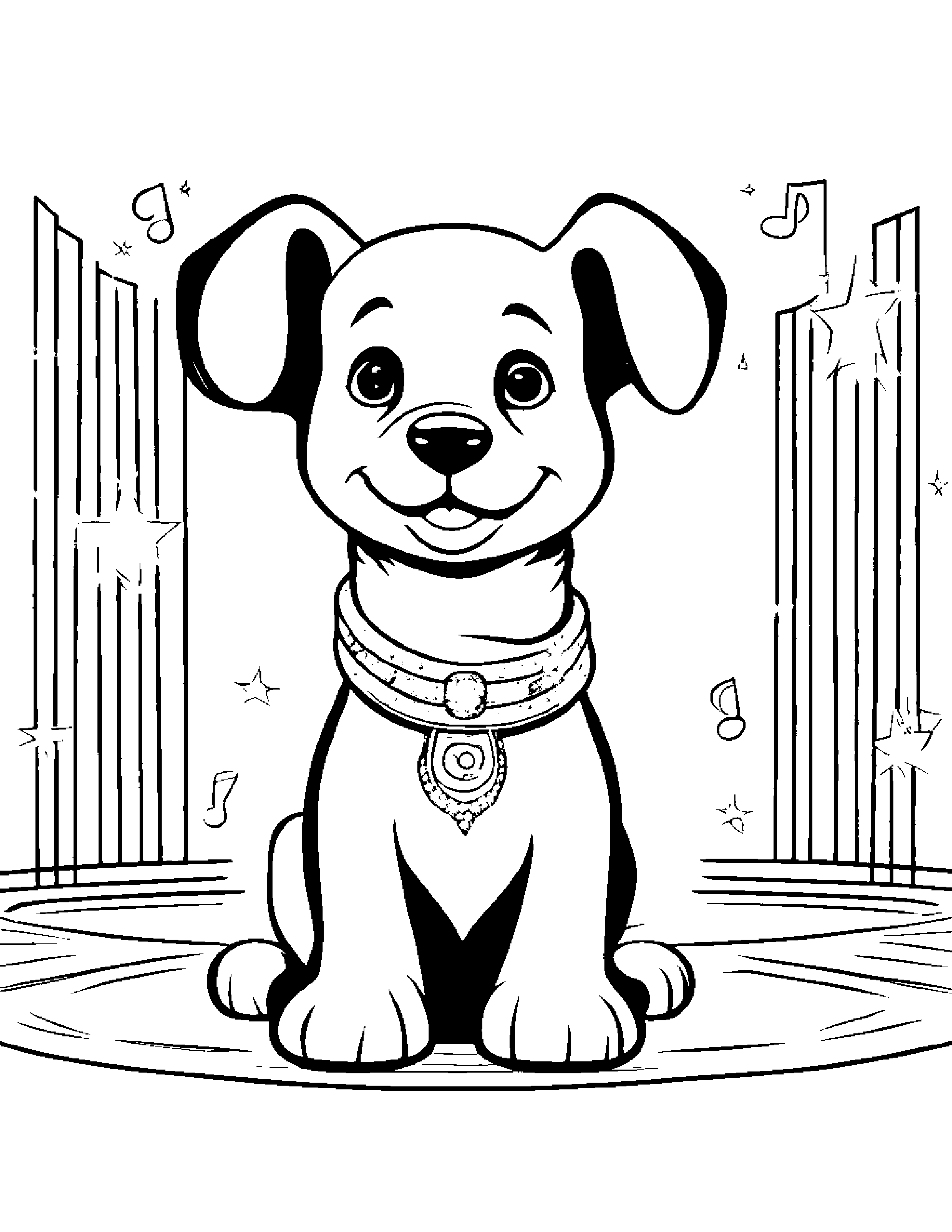 Puppy Dog With Sparkles On A Music Stage Coloring Page (Free Printable PDF)