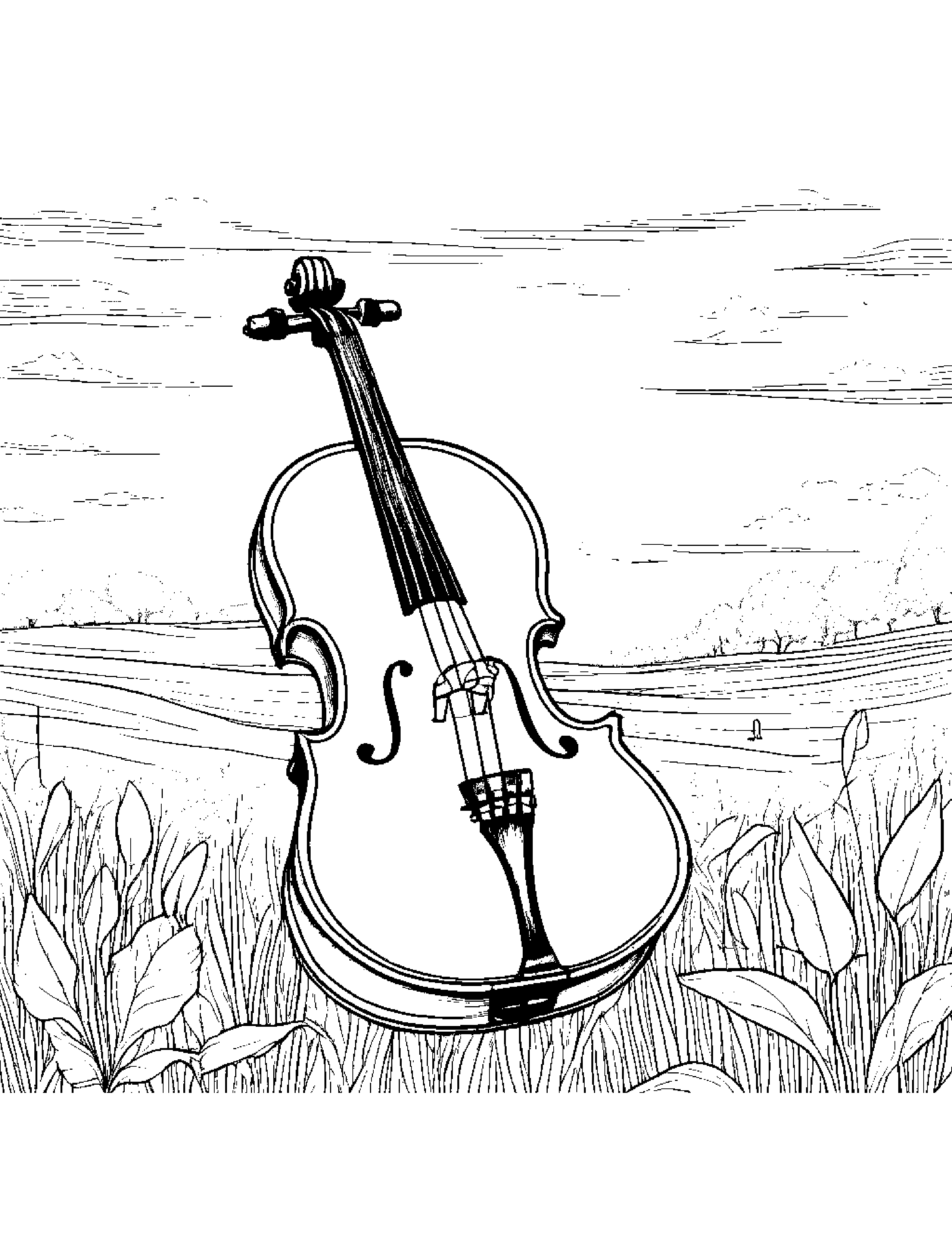 Violin Coloring In A Sunny Meadow #3 Coloring Page (Free Printable PDF)