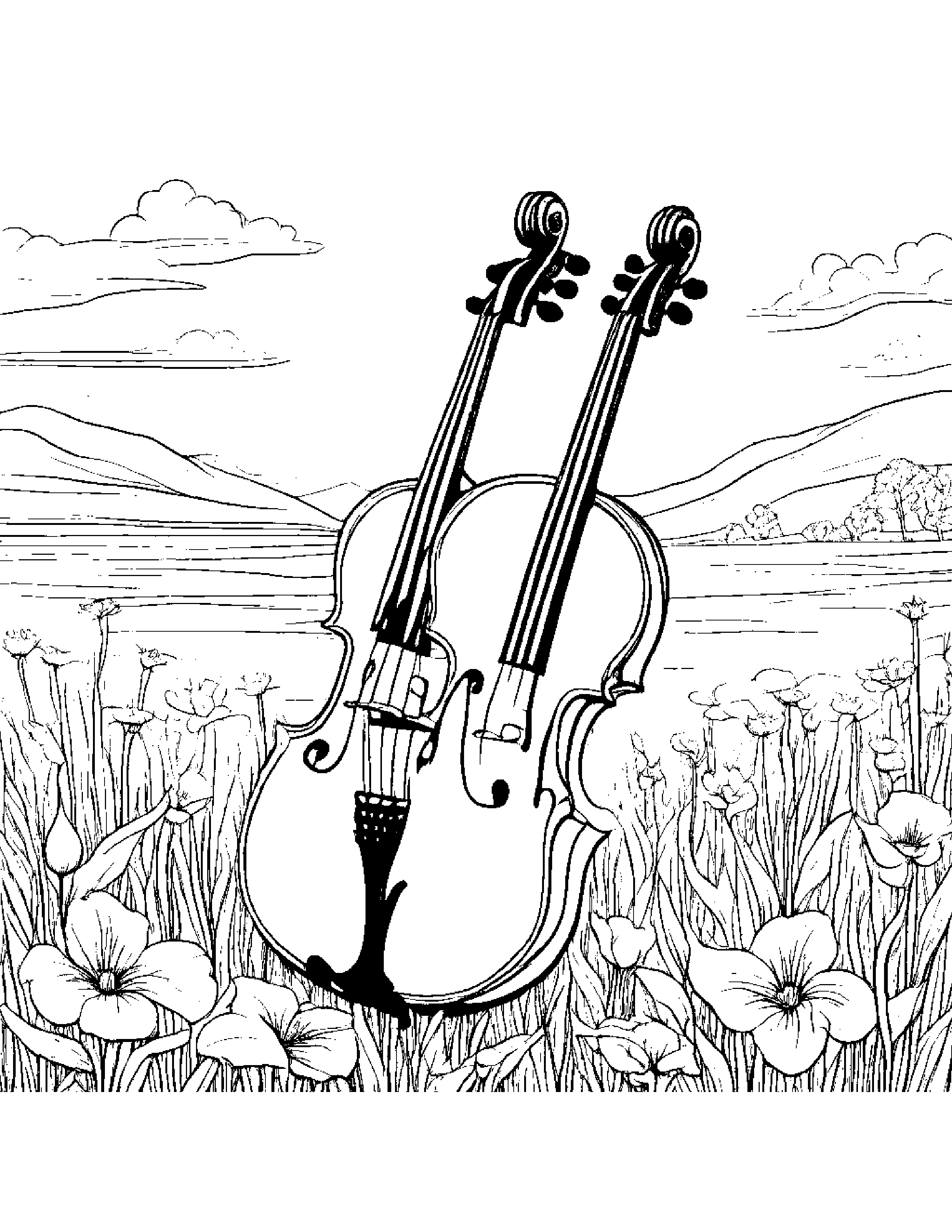Violin Coloring In A Sunny Meadow Coloring Page (Free Printable PDF)