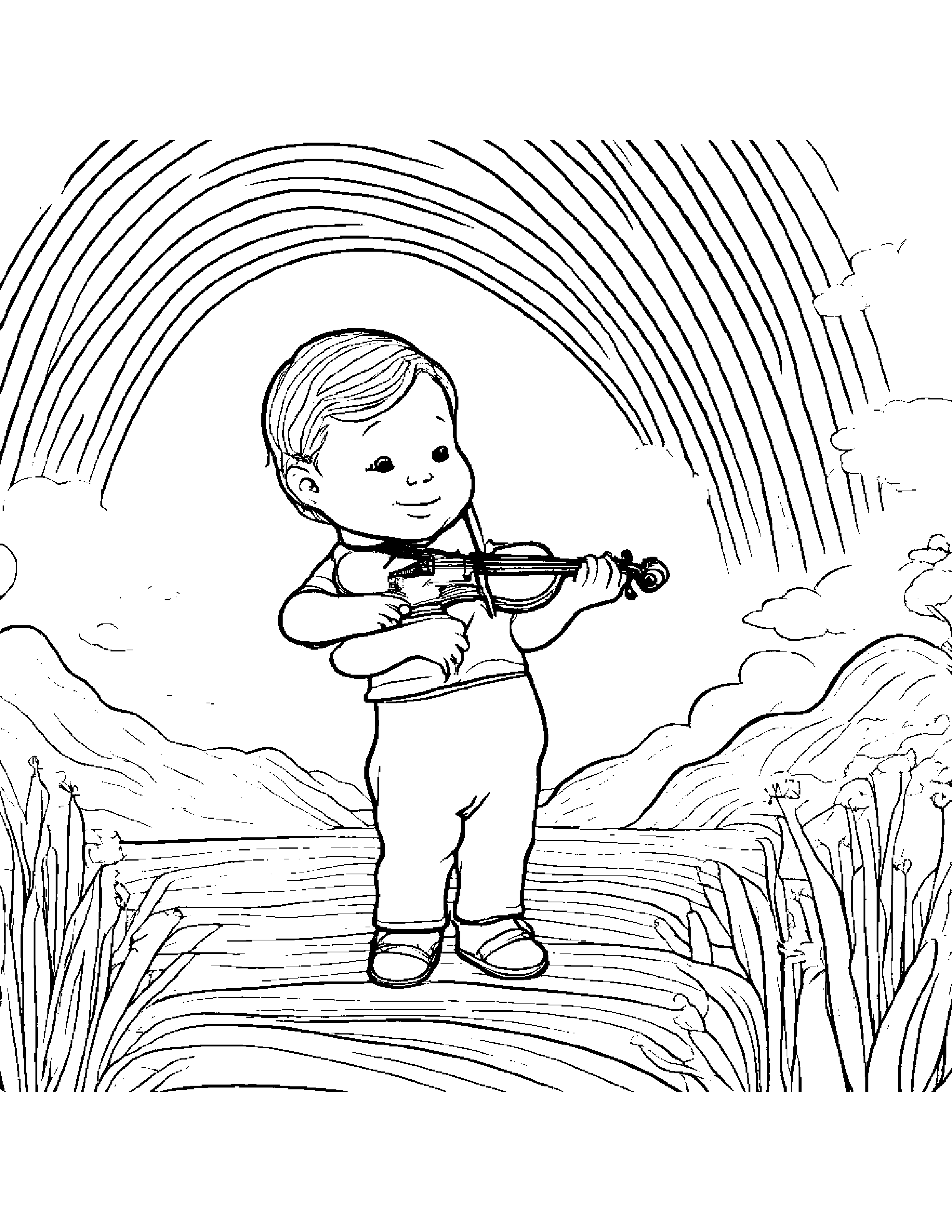 Violin Playing Hide-And-Seek Under A Rainbow #2 Coloring Page (Free Printable PDF)