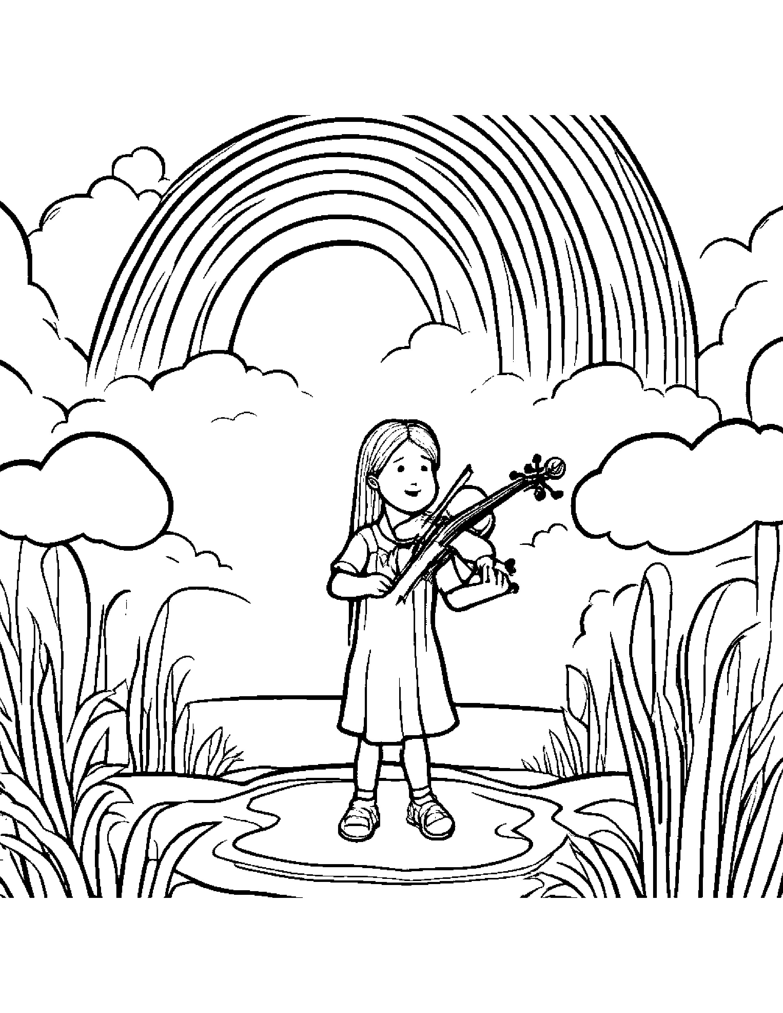 Violin Playing Hide-And-Seek Under A Rainbow #3 Coloring Page (Free Printable PDF)