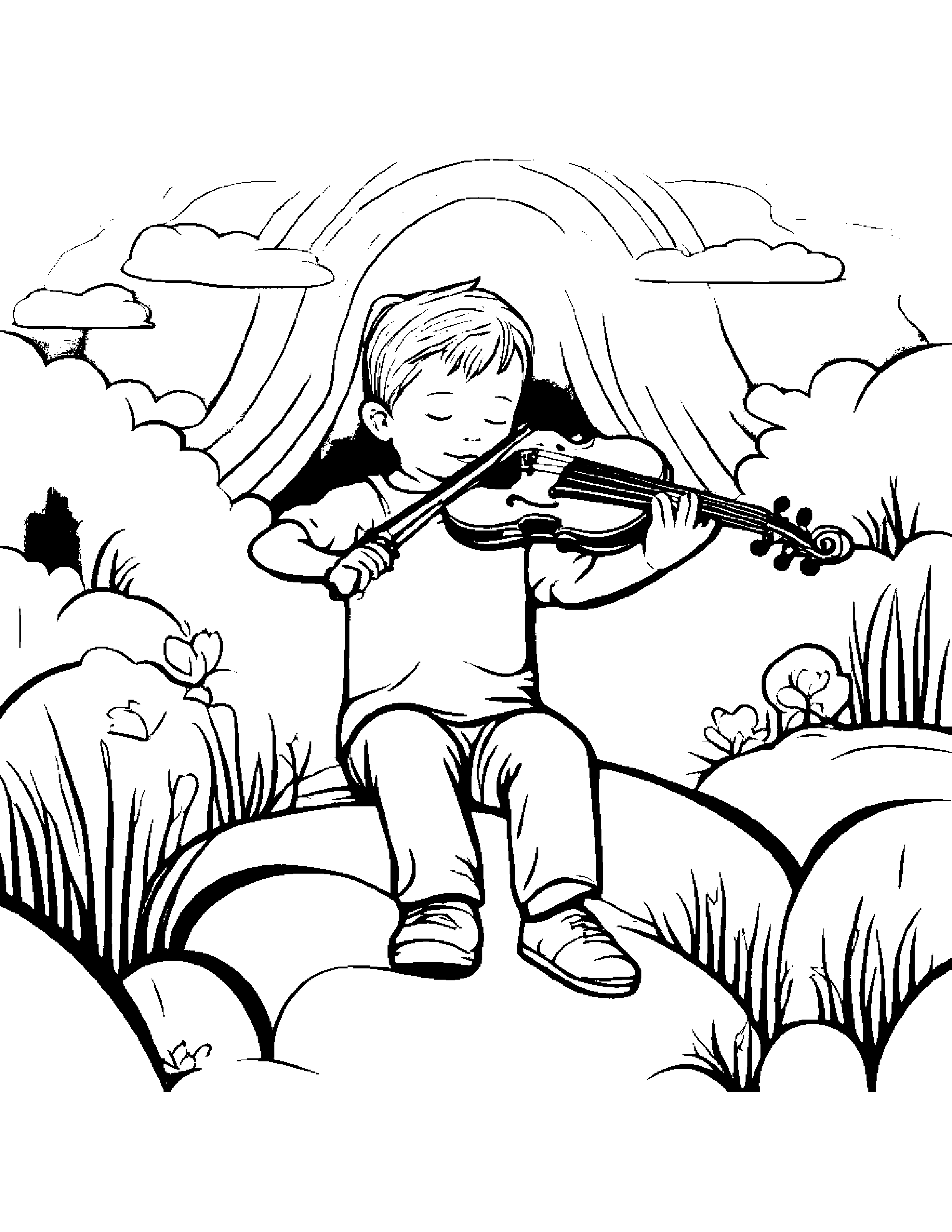 Violin Playing Hide-And-Seek Under A Rainbow #5 Coloring Page (Free Printable PDF)
