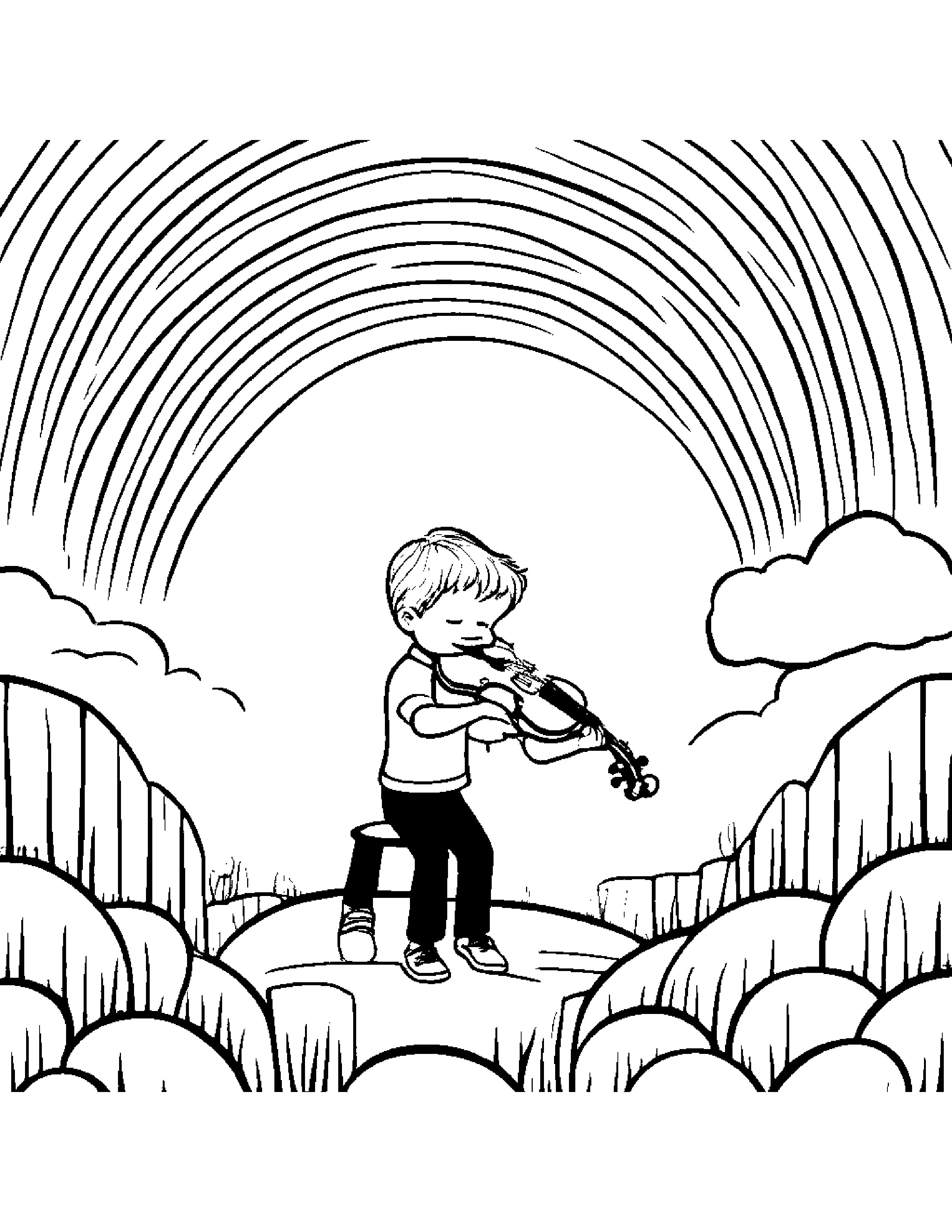Violin Playing Hide-And-Seek Under A Rainbow Coloring Page (Free Printable PDF)