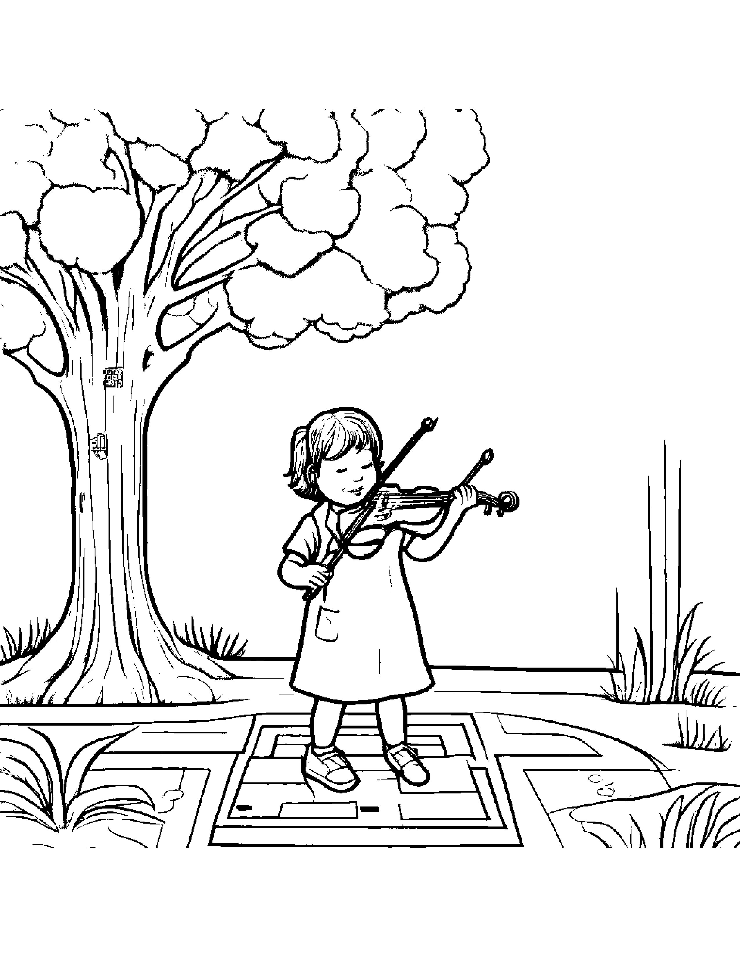 Violin Playing Hopscotch By A Little Tree #3 Coloring Page (Free Printable PDF)