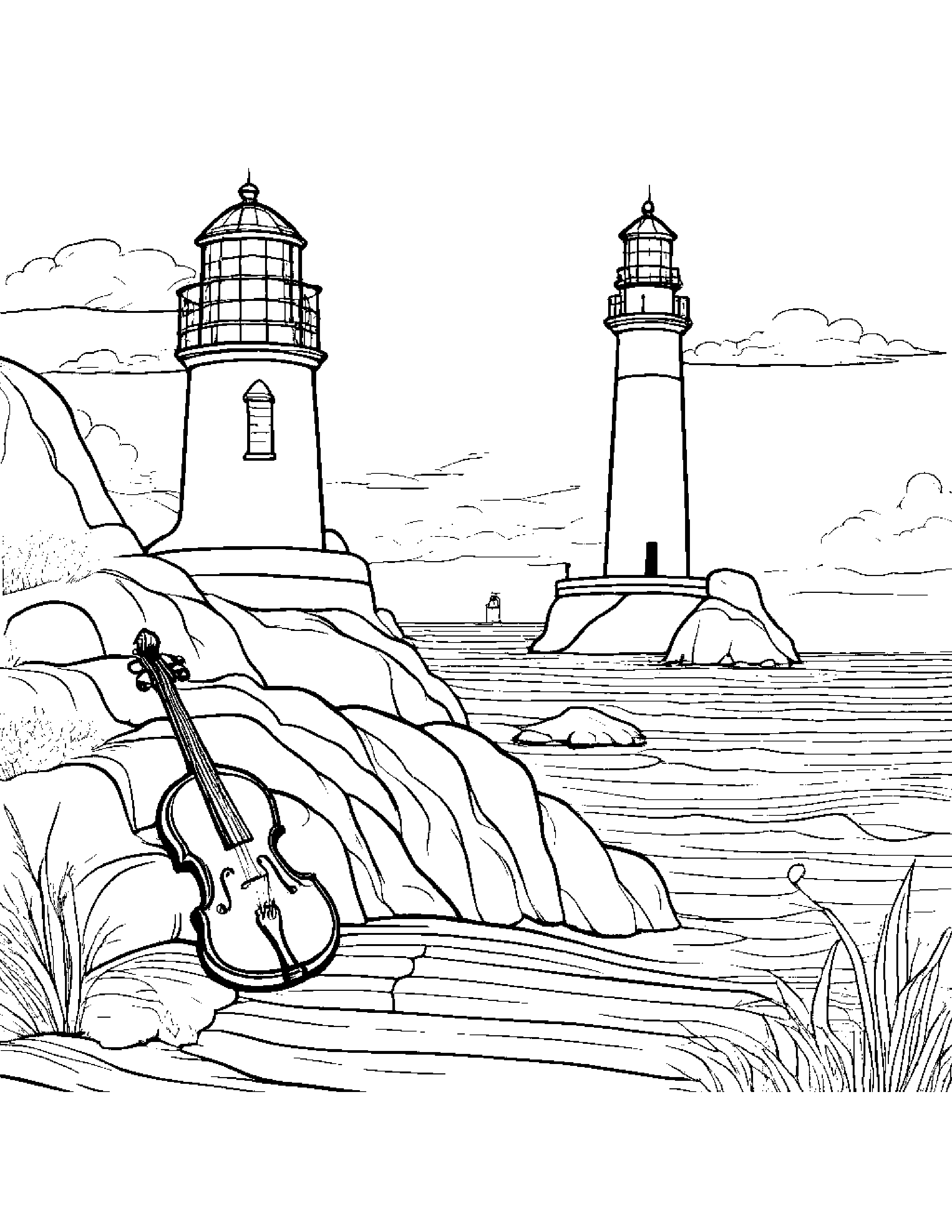 Violin Reading A Storybook Near A Lighthouse #2 Coloring Page (Free Printable PDF)