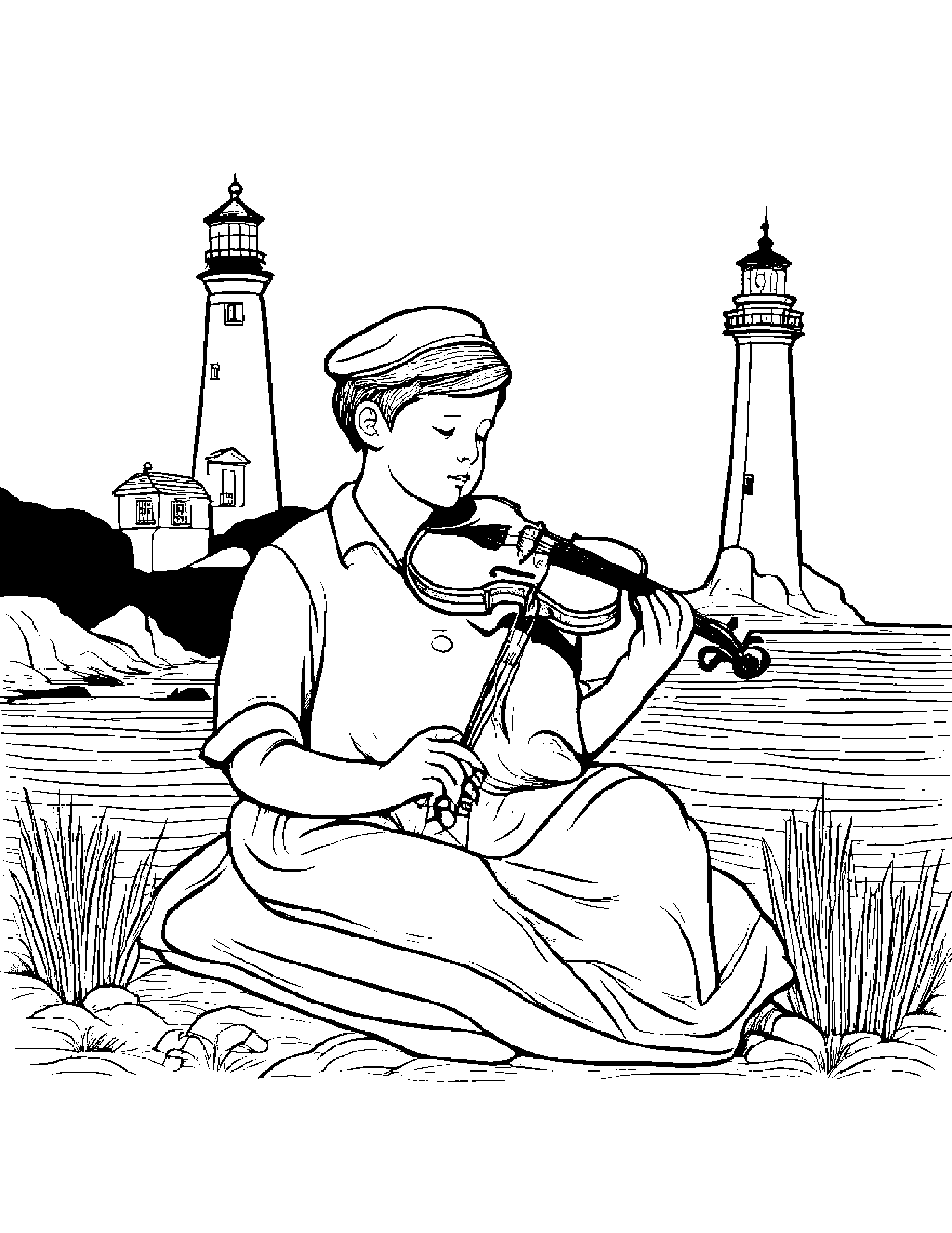 Violin Reading A Storybook Near A Lighthouse #3 Coloring Page (Free Printable PDF)