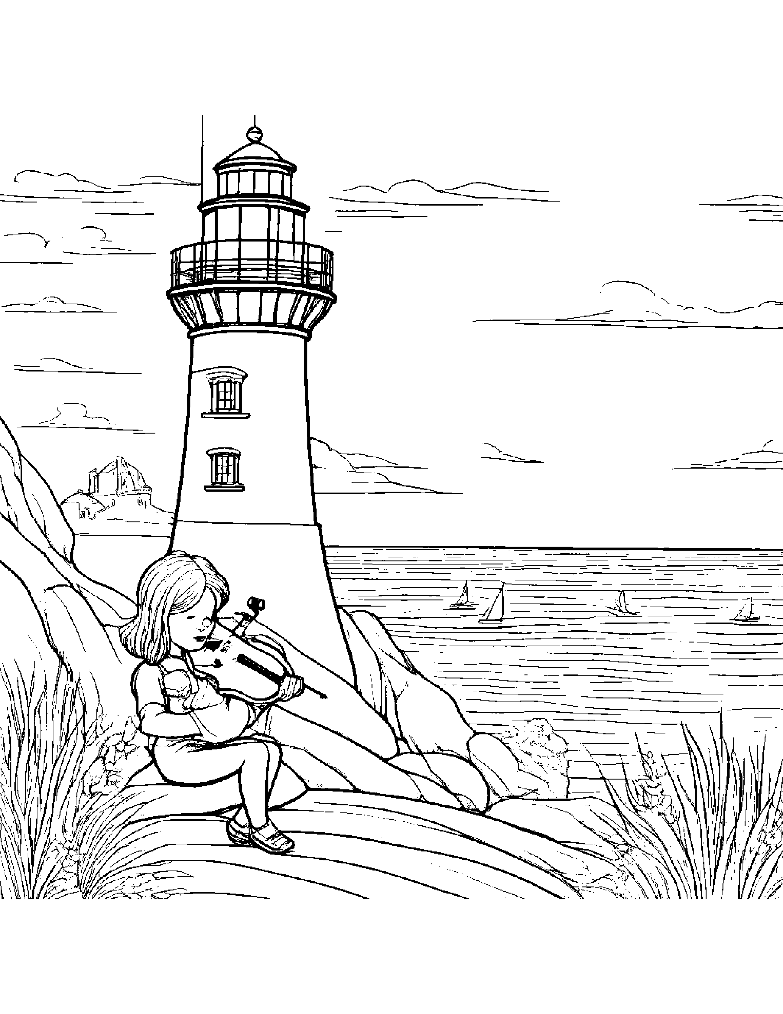 Violin Reading A Storybook Near A Lighthouse Coloring Page (Free Printable PDF)