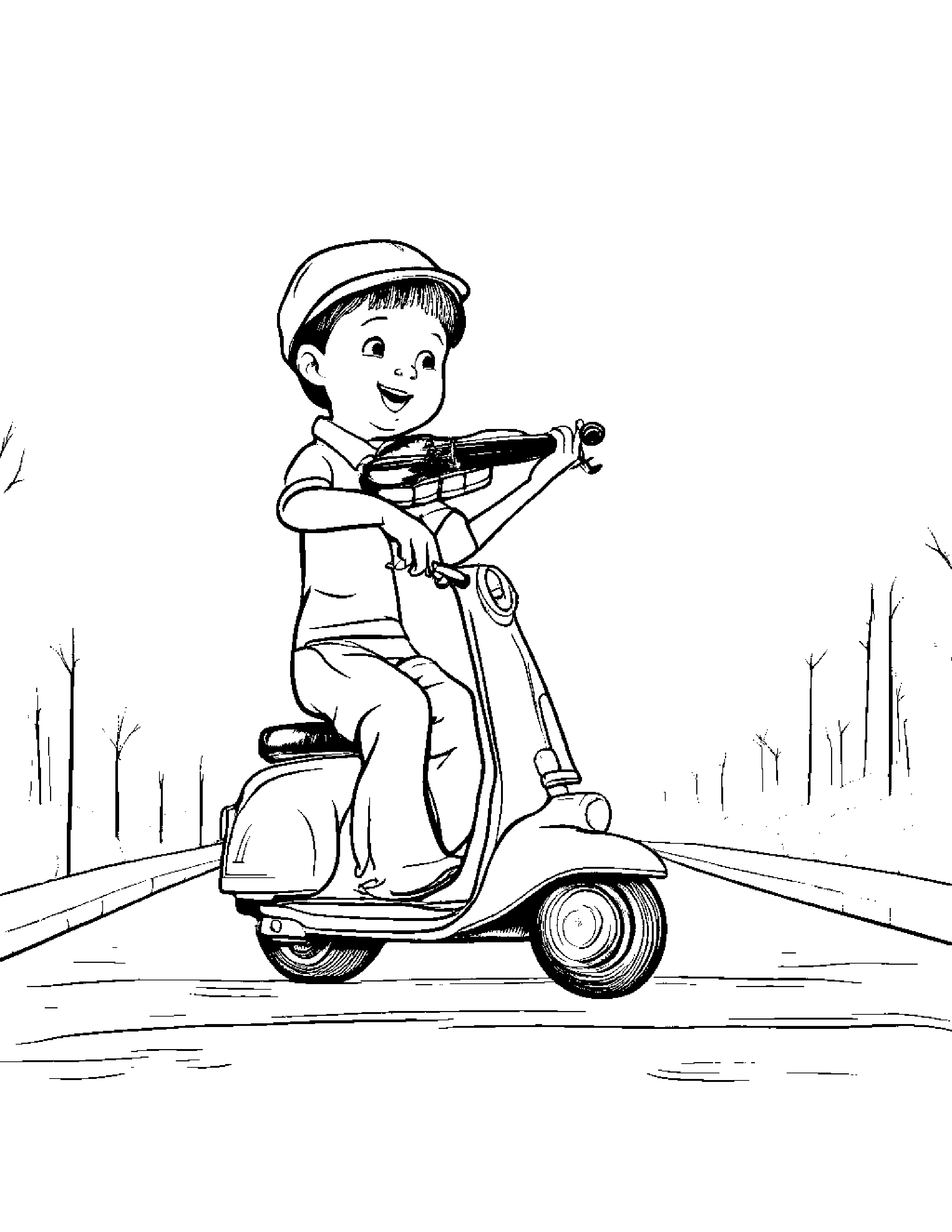 Violin Riding A Scooter #2 Coloring Page (Free Printable PDF)