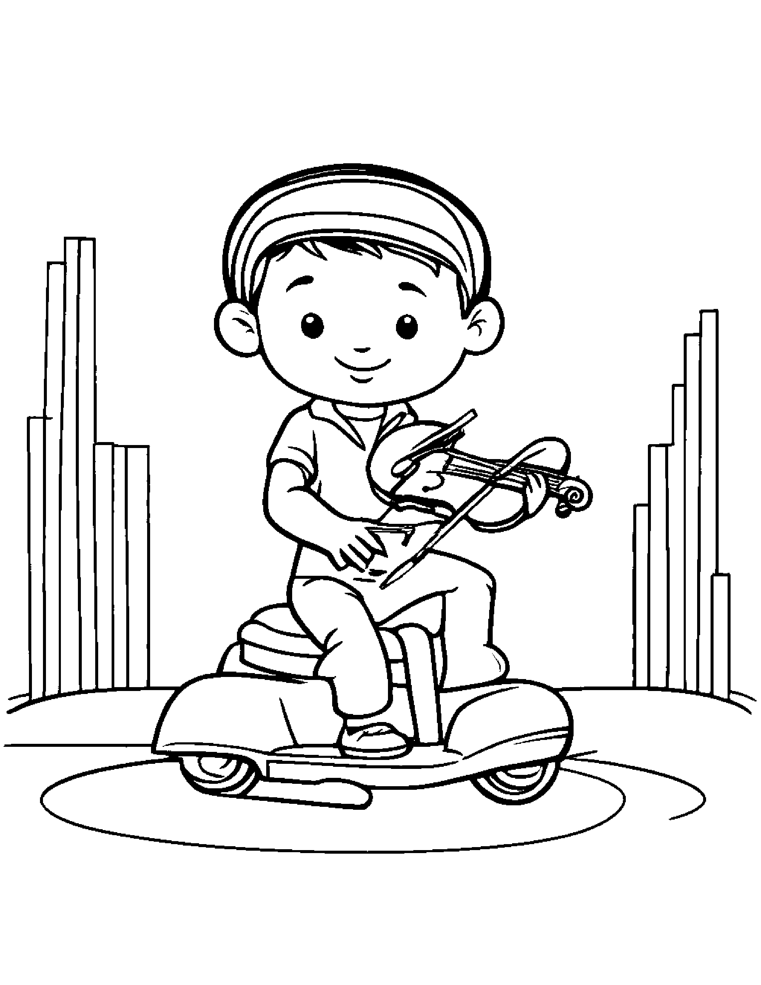 Violin Riding A Scooter Coloring Page (Free Printable PDF)
