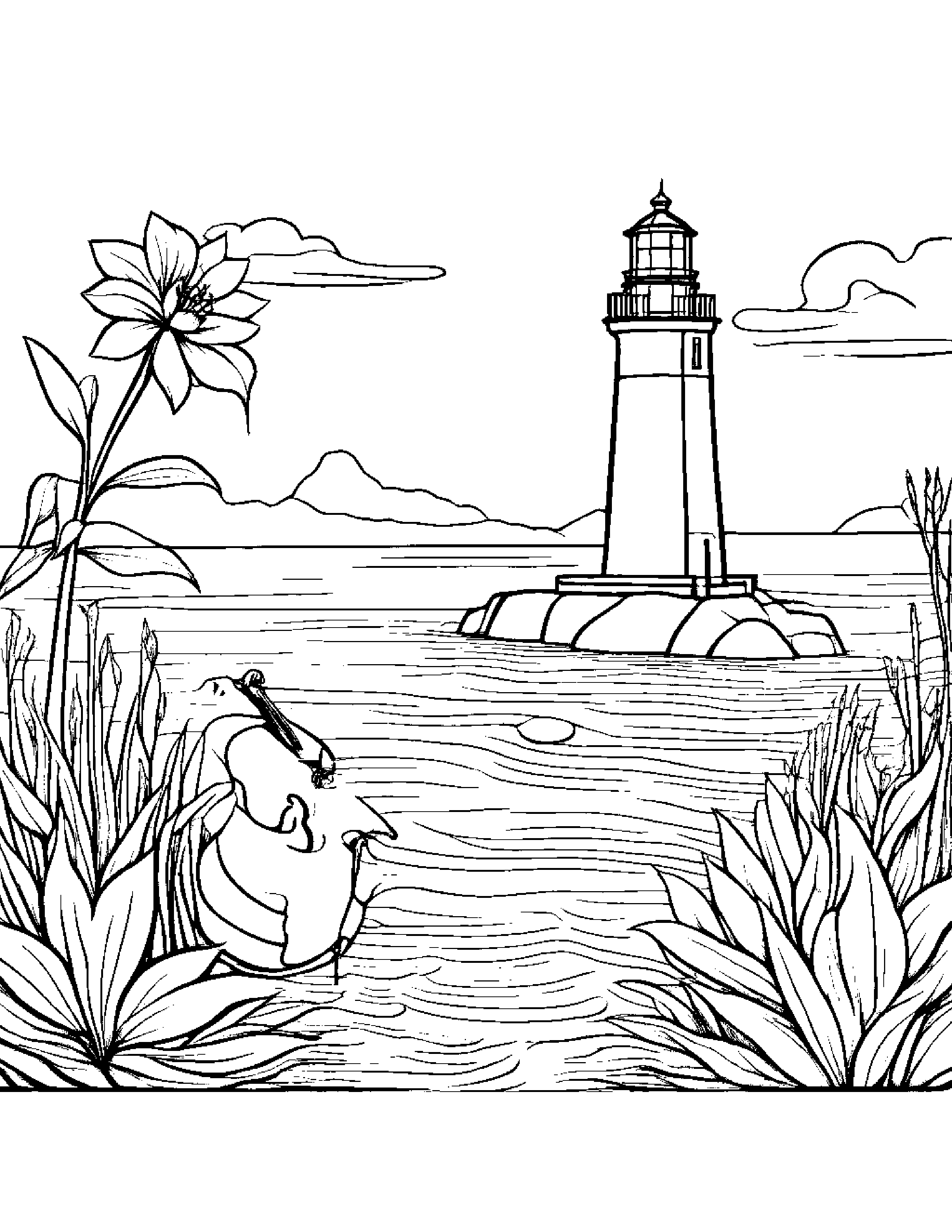 Violin Watering A Plant Near A Lighthouse #2 Coloring Page (Free Printable PDF)
