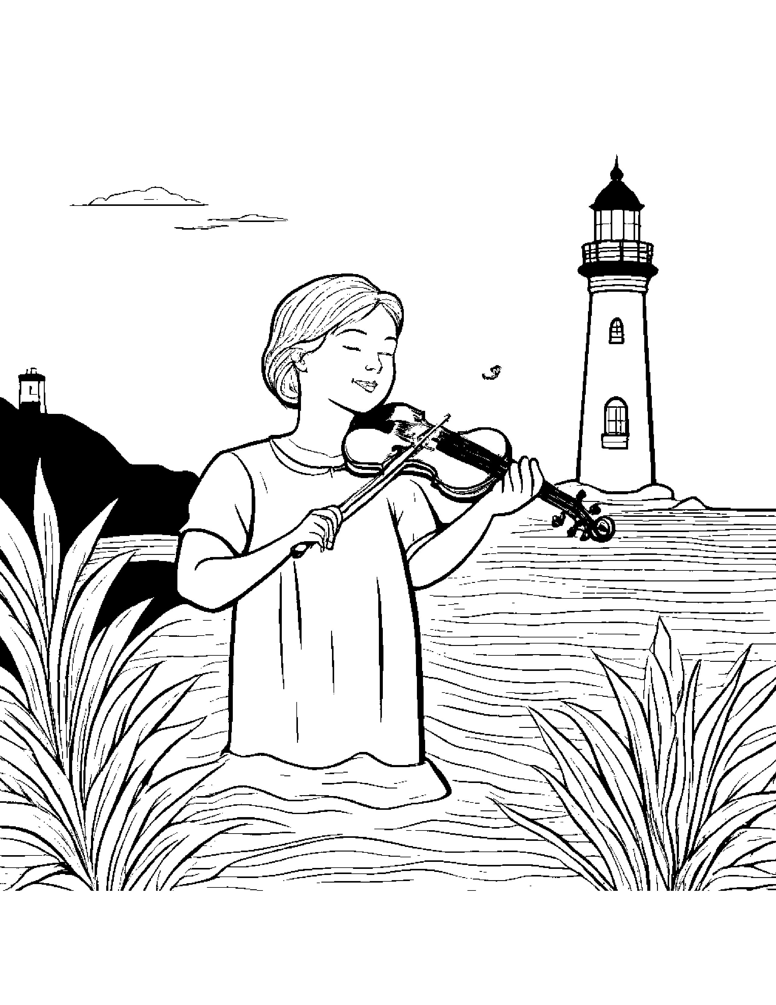 Violin Watering A Plant Near A Lighthouse #3 Coloring Page (Free Printable PDF)