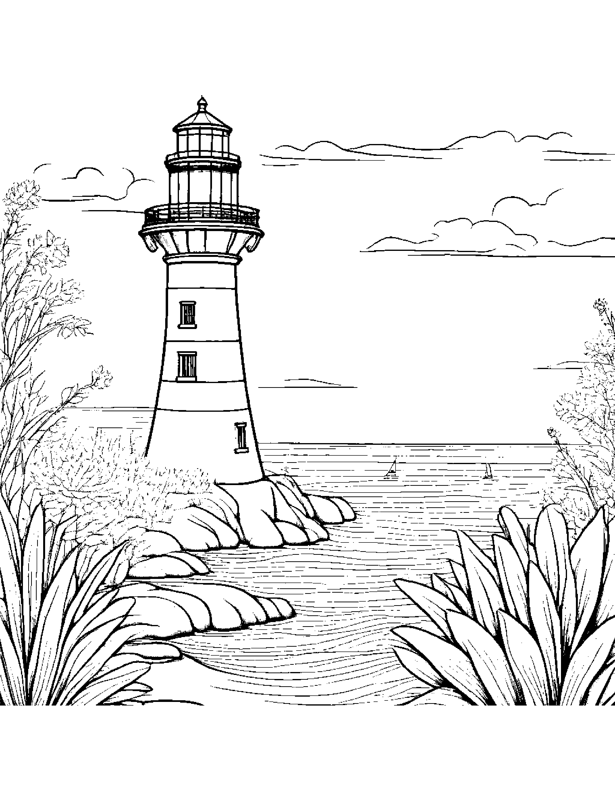 Violin Watering A Plant Near A Lighthouse Coloring Page (Free Printable PDF)