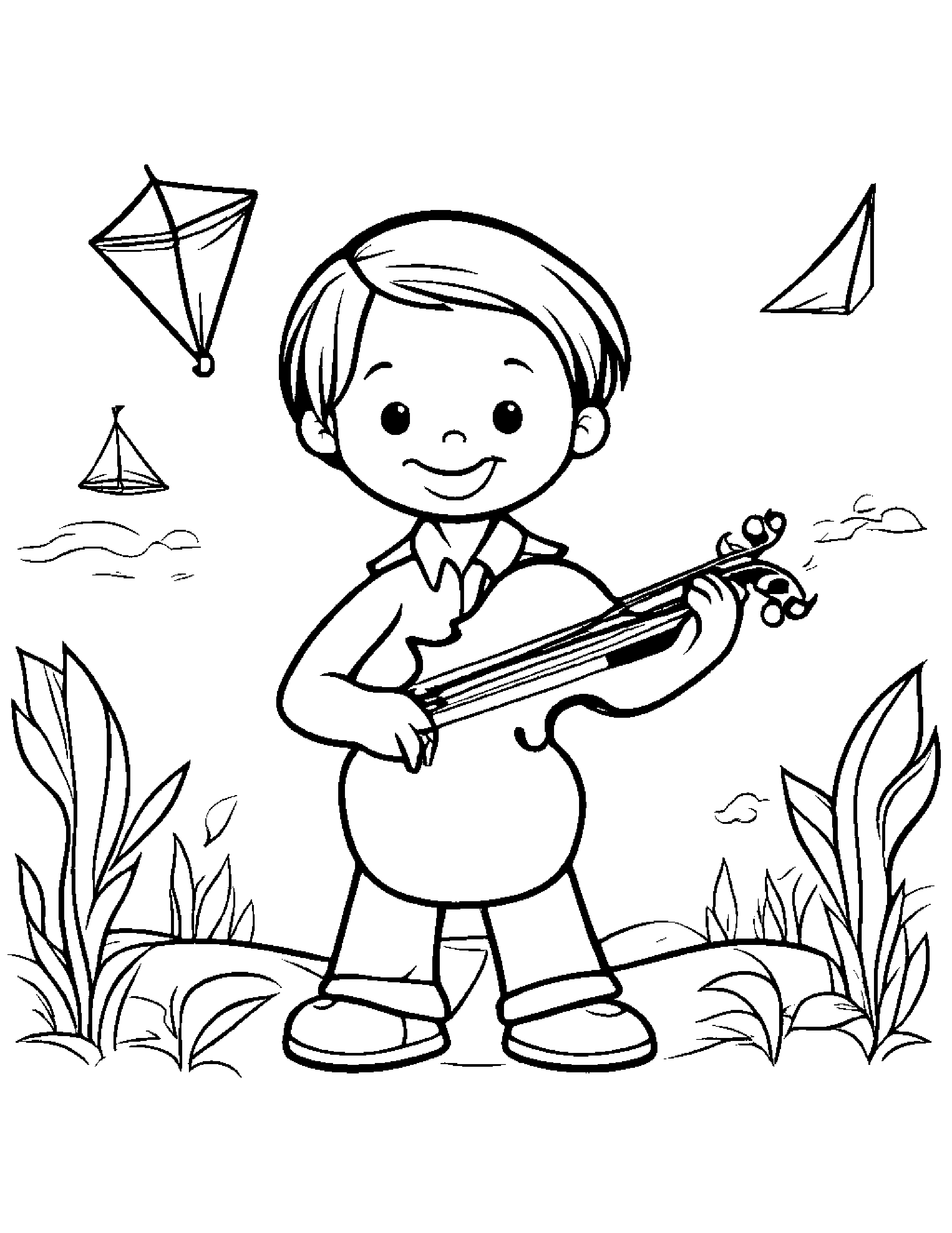 Happy Violin With A Kite #2 Coloring Page (Free Printable PDF)