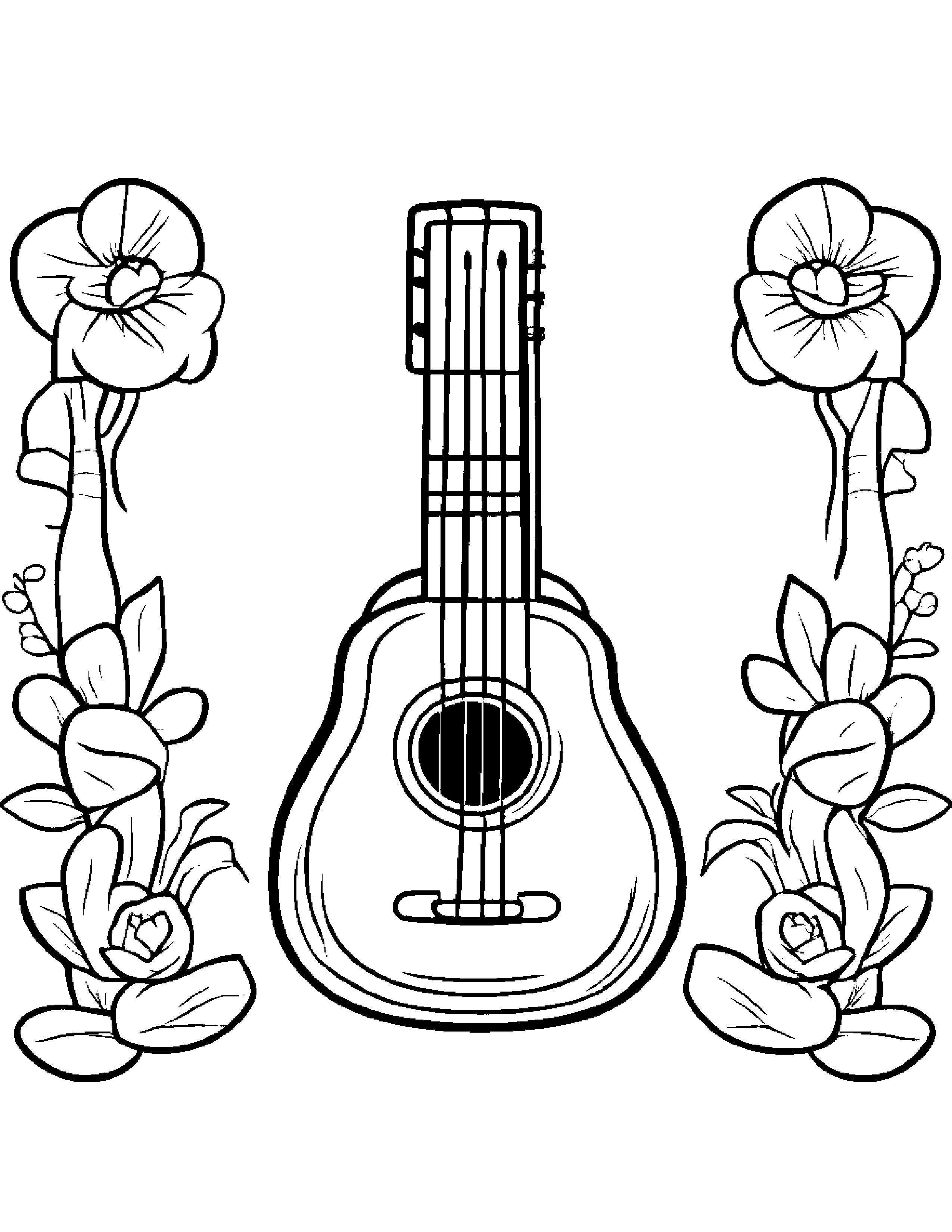 Kawaii Ukulele With Scarf Coloring Page (Free Printable PDF)