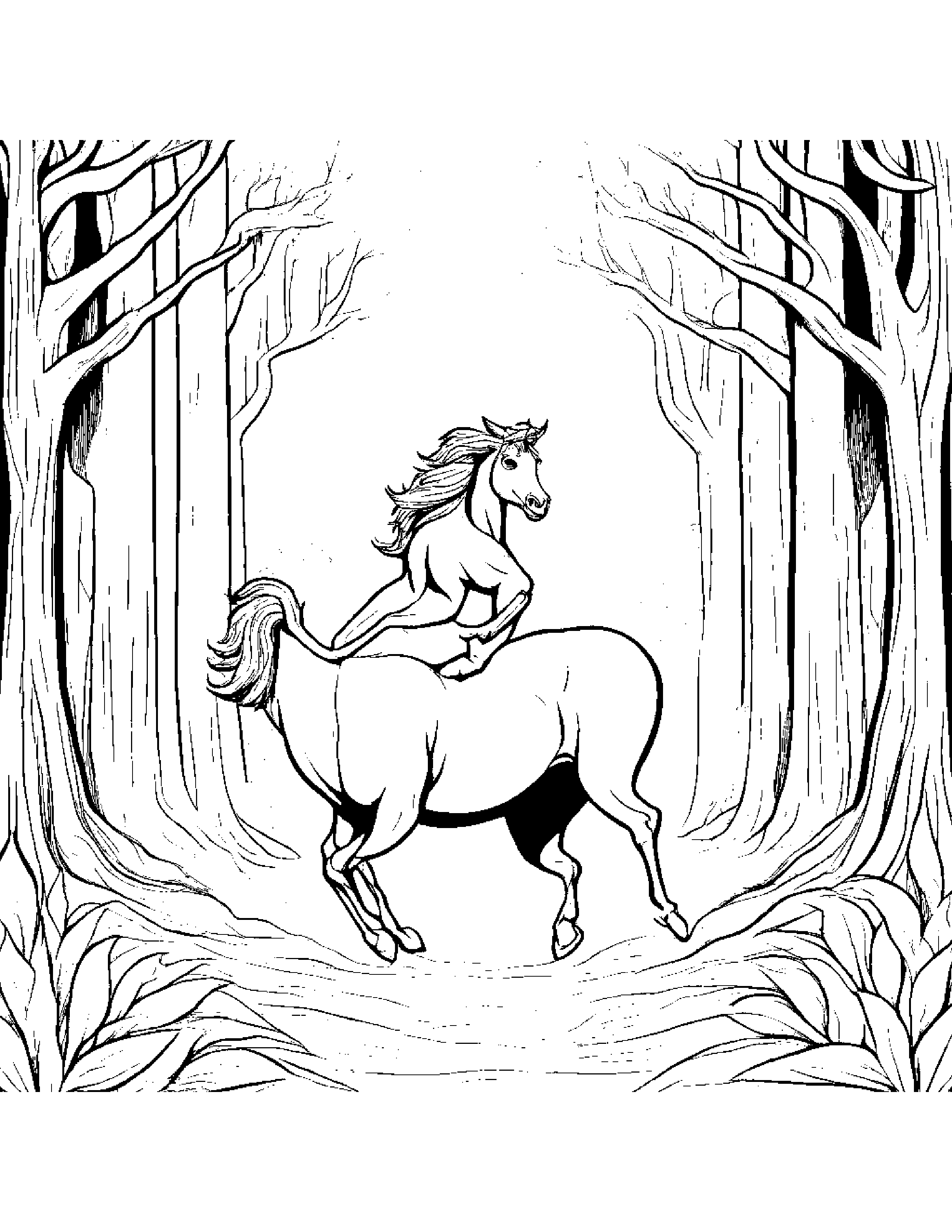 A Centaur Galloping Through A Magical Forest Filled With Talking Trees Coloring Page (Free Printable PDF)