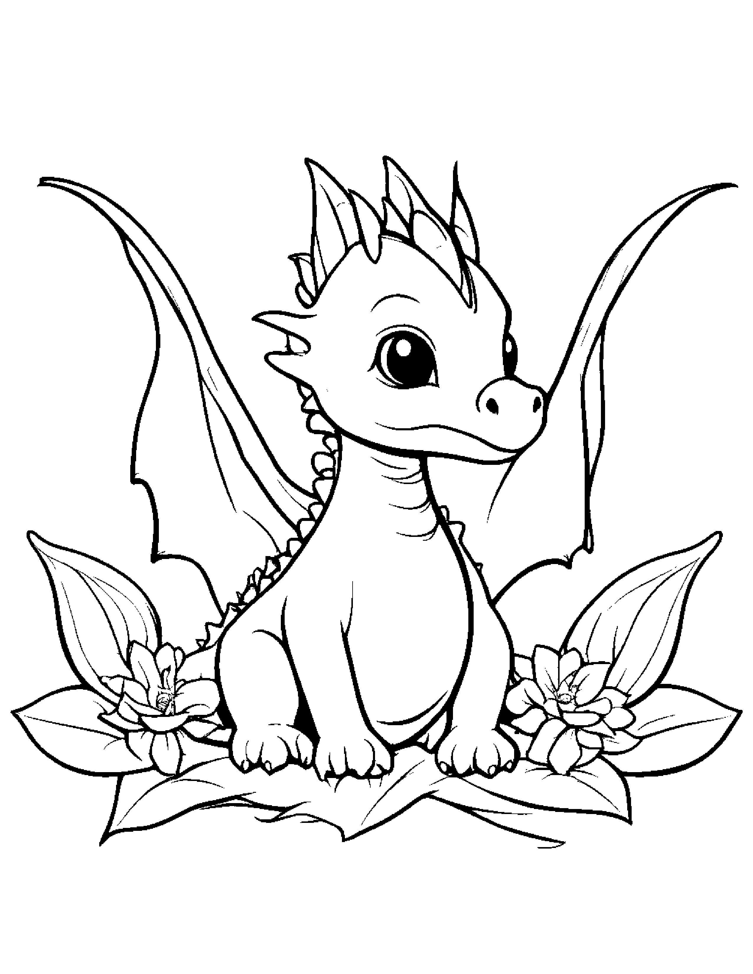 Baby Dragon With A Flower #2 Coloring Page (Free Printable PDF)