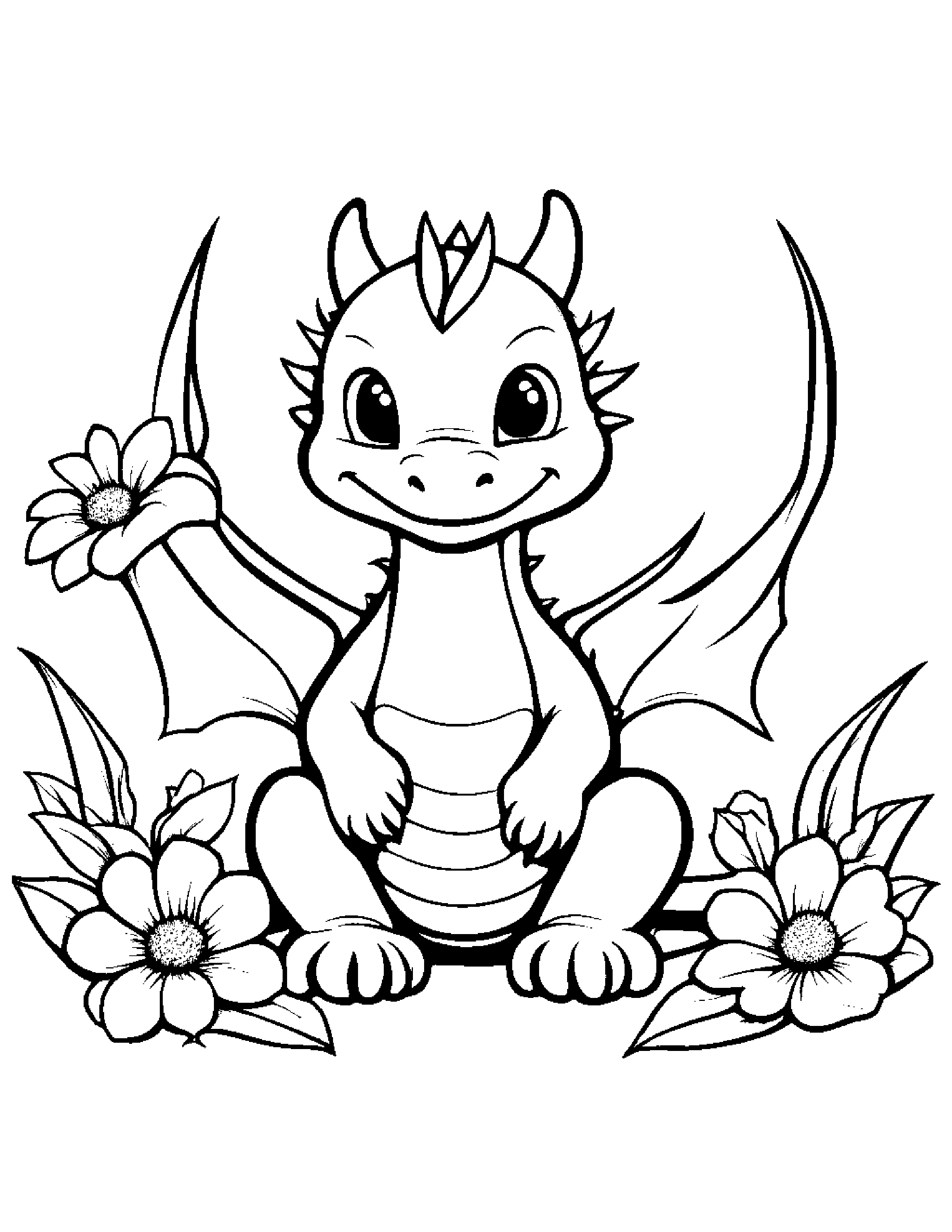 Baby Dragon With A Flower #3 Coloring Page (Free Printable PDF)