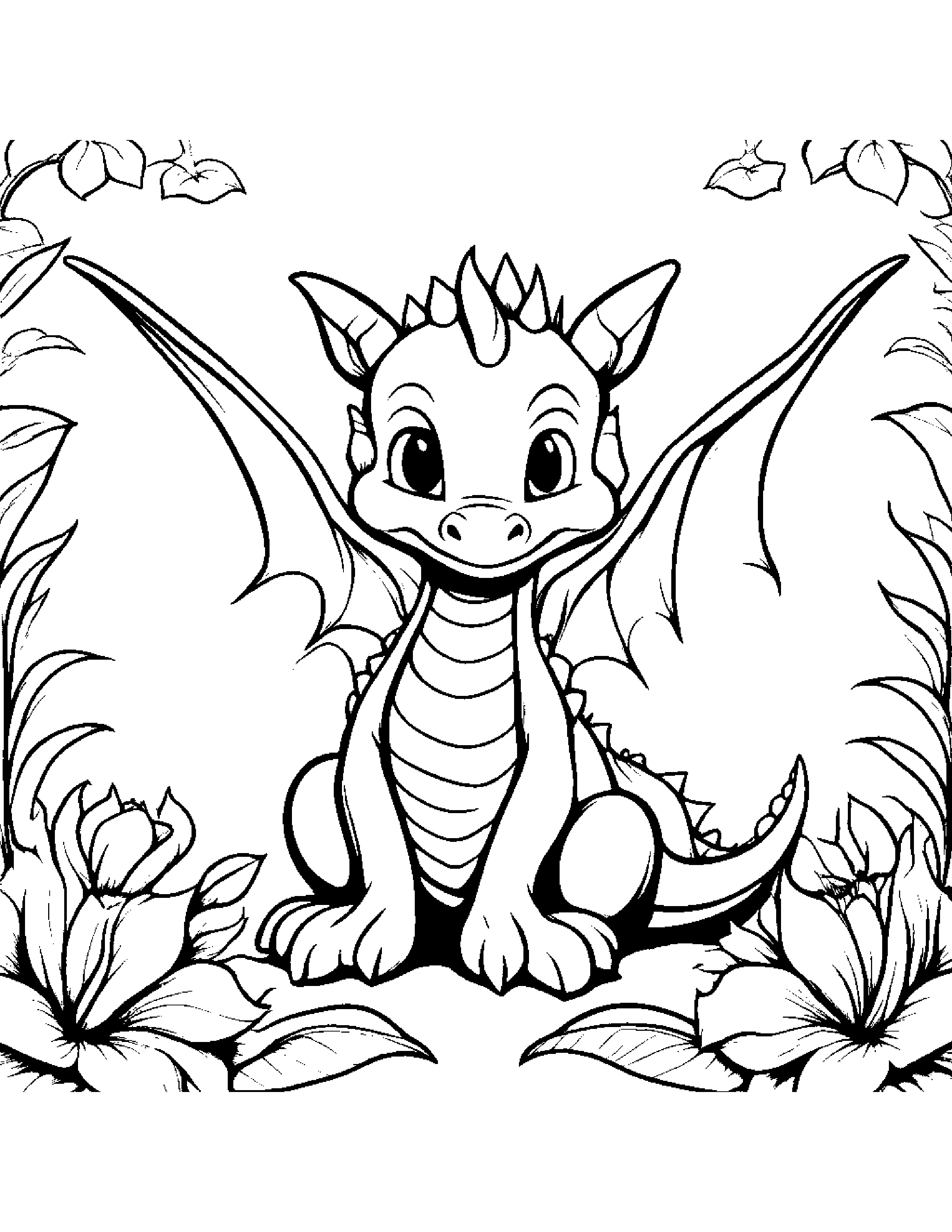 Baby Dragon With A Flower Coloring Page (Free Printable PDF)