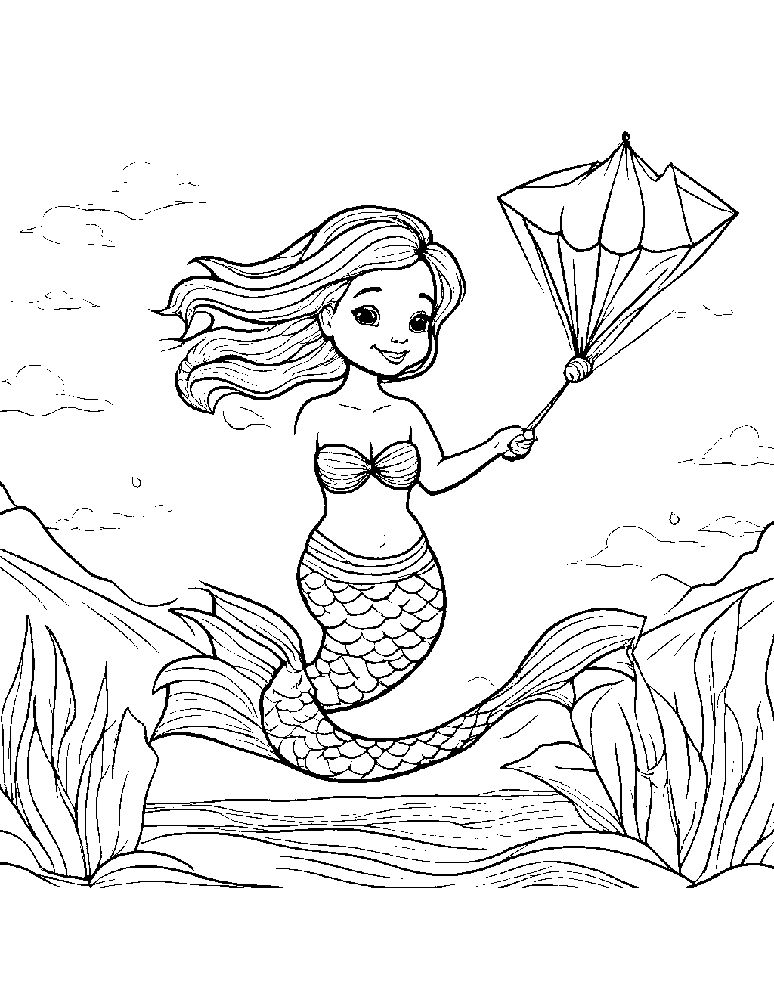 Happy Mermaid With A Kite #2 Coloring Page (Free Printable PDF)