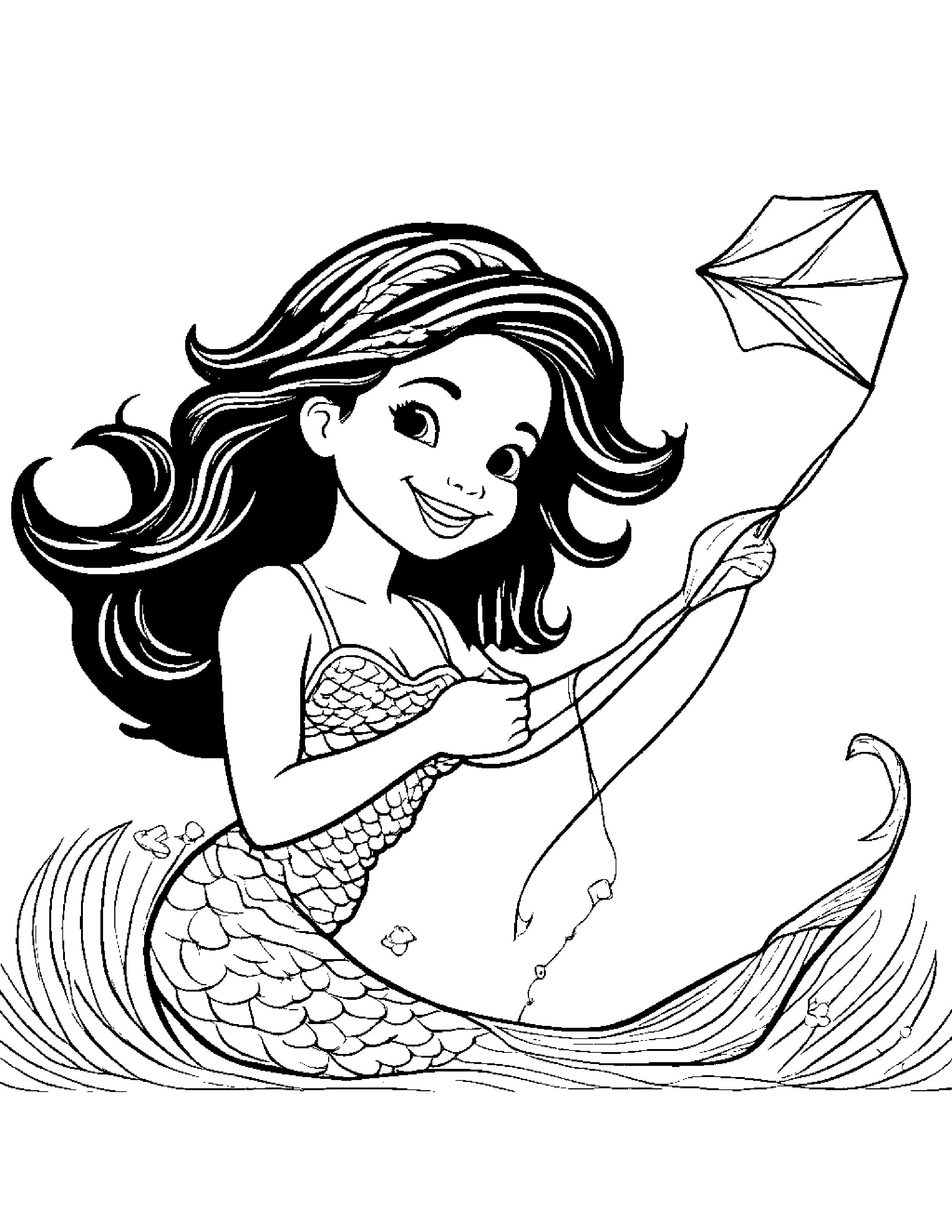 Happy Mermaid With A Kite #3 Coloring Page (Free Printable PDF)