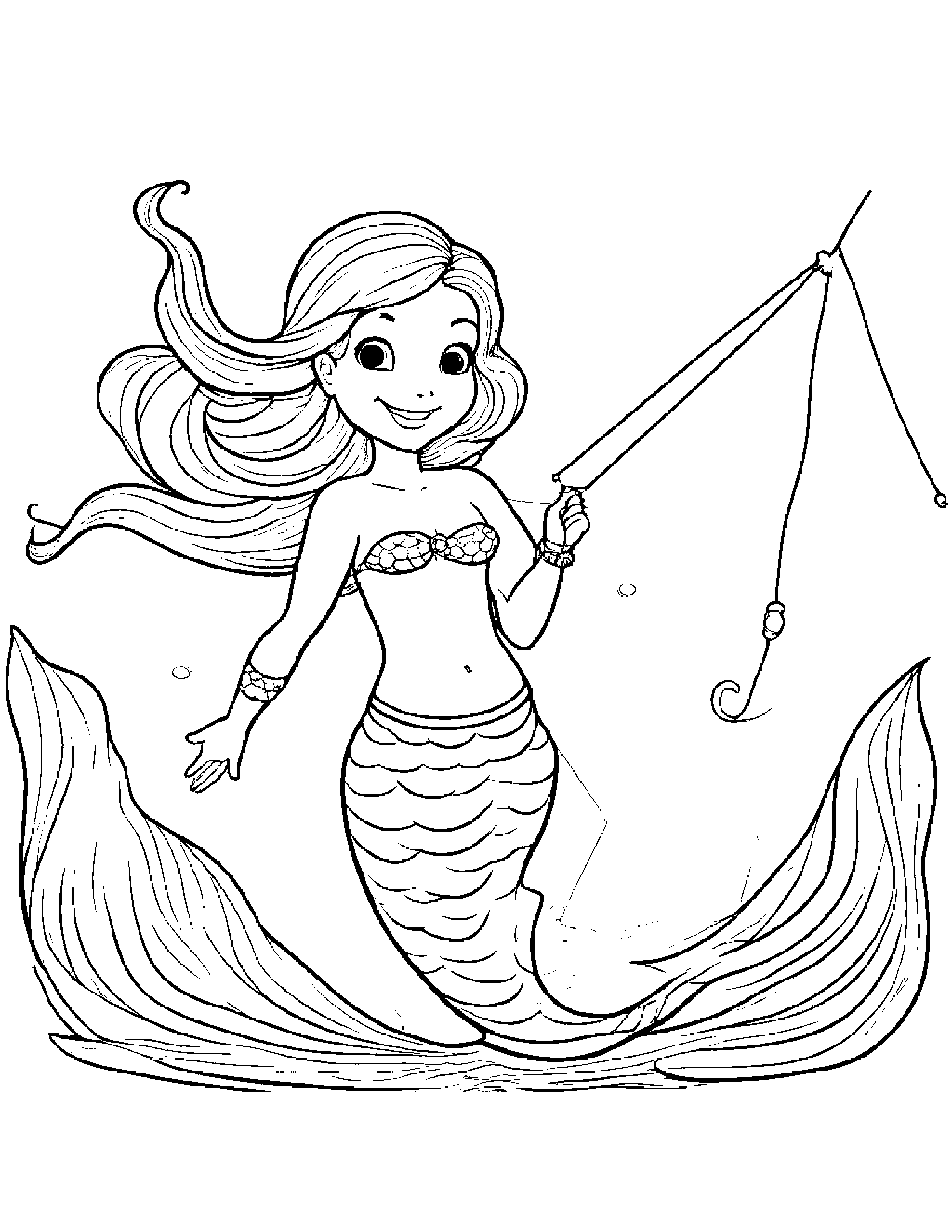 Happy Mermaid With A Kite #4 Coloring Page (Free Printable PDF)