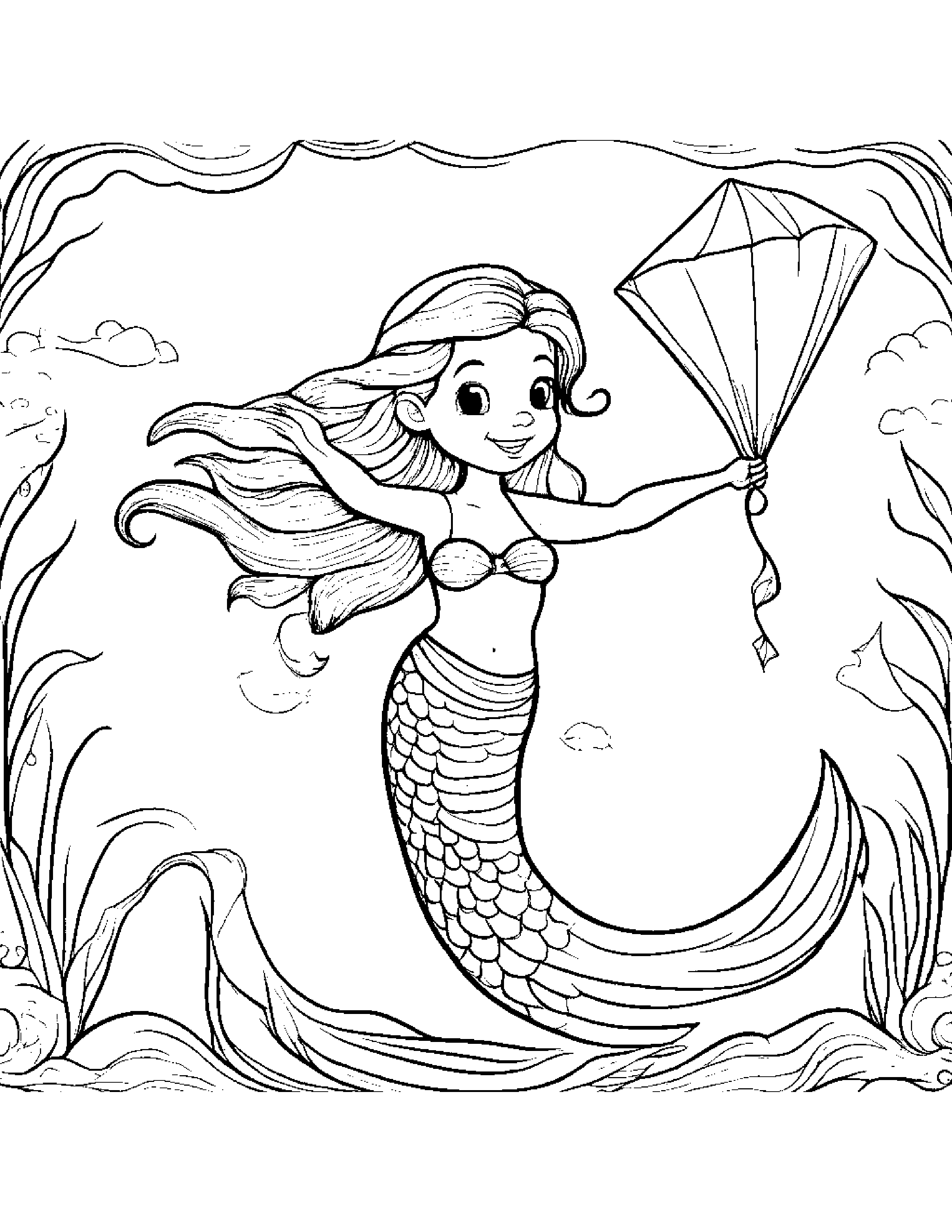 Happy Mermaid With A Kite Coloring Page (Free Printable PDF)