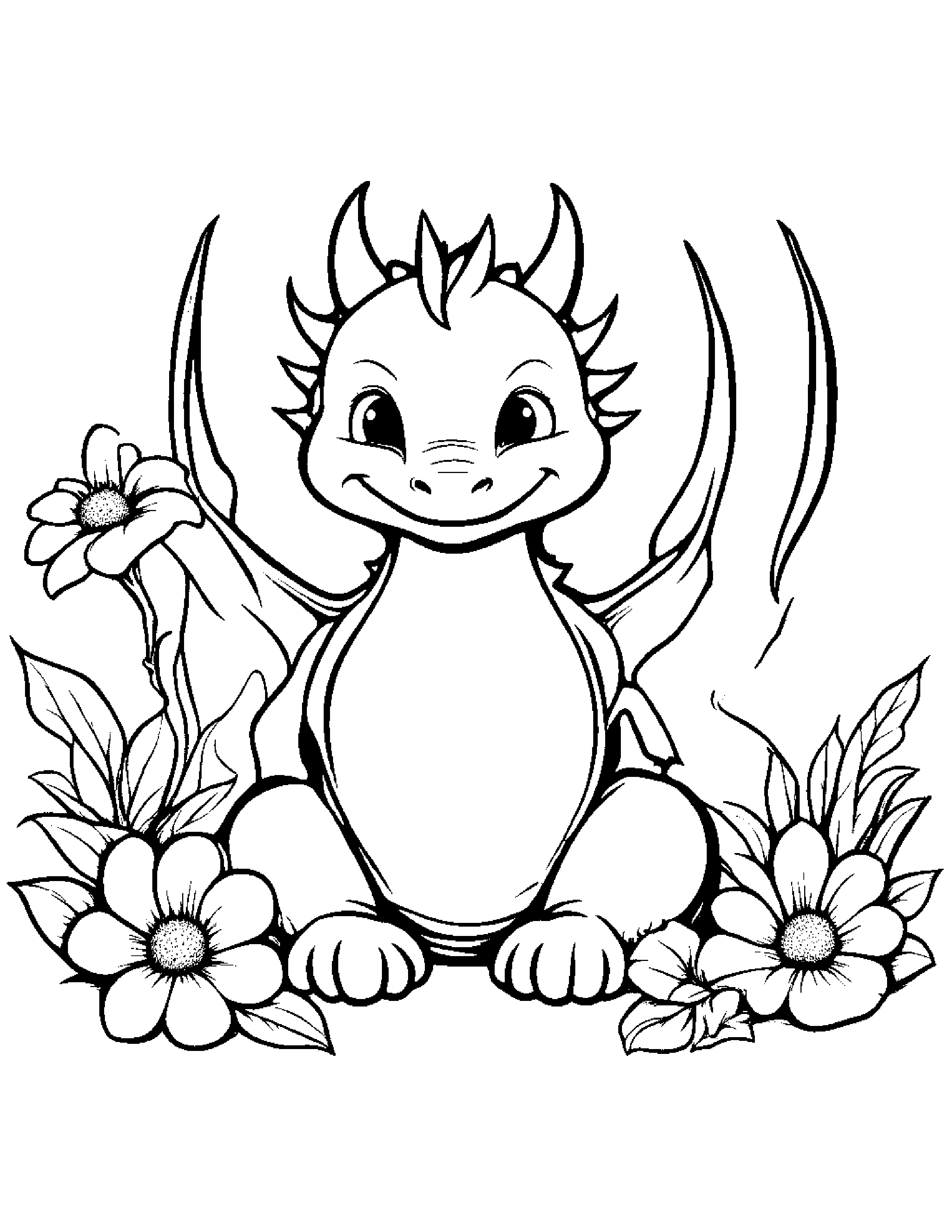 Sleepy Baby Dragon With A Flower #3 Coloring Page (Free Printable PDF)