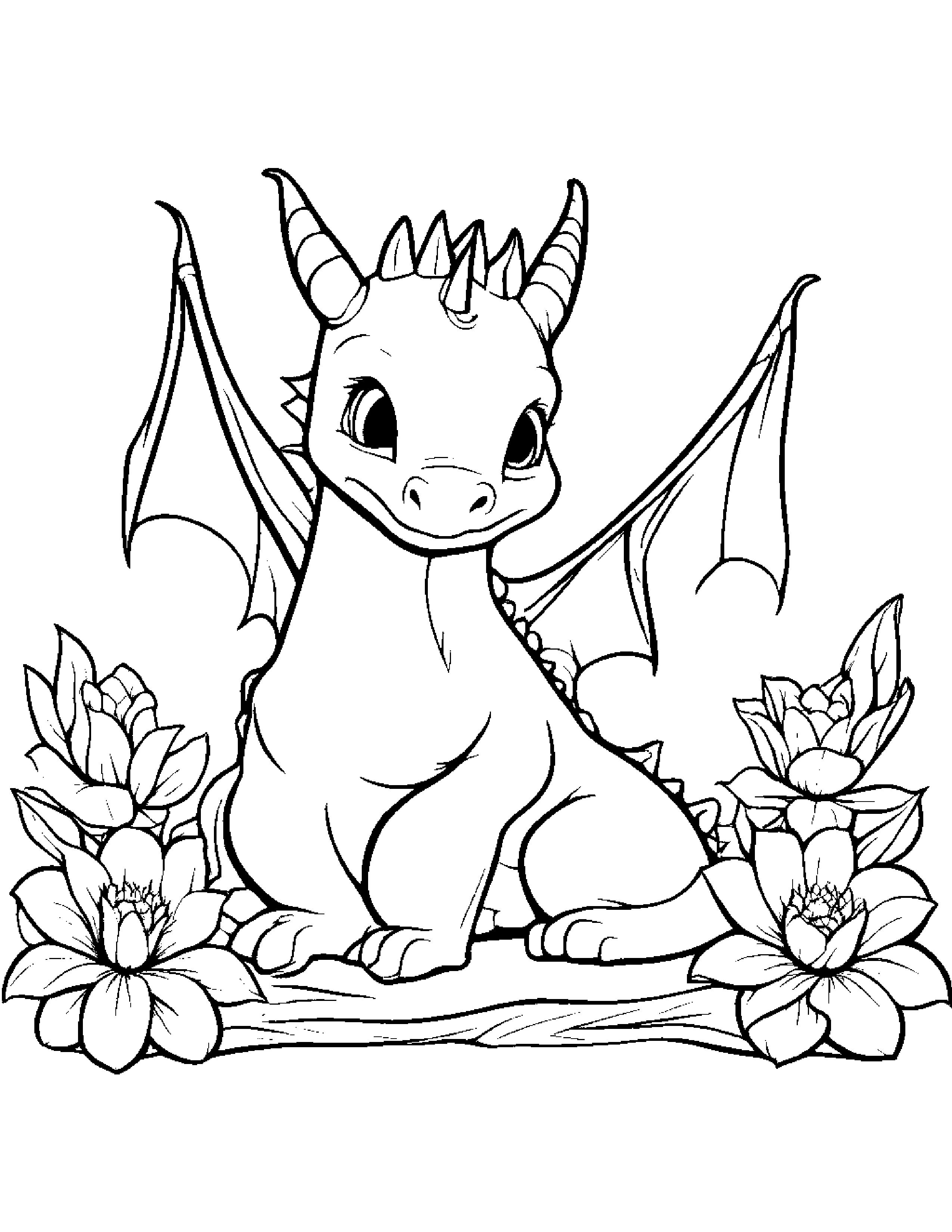 Sleepy Baby Dragon With A Flower #4 Coloring Page (Free Printable PDF)